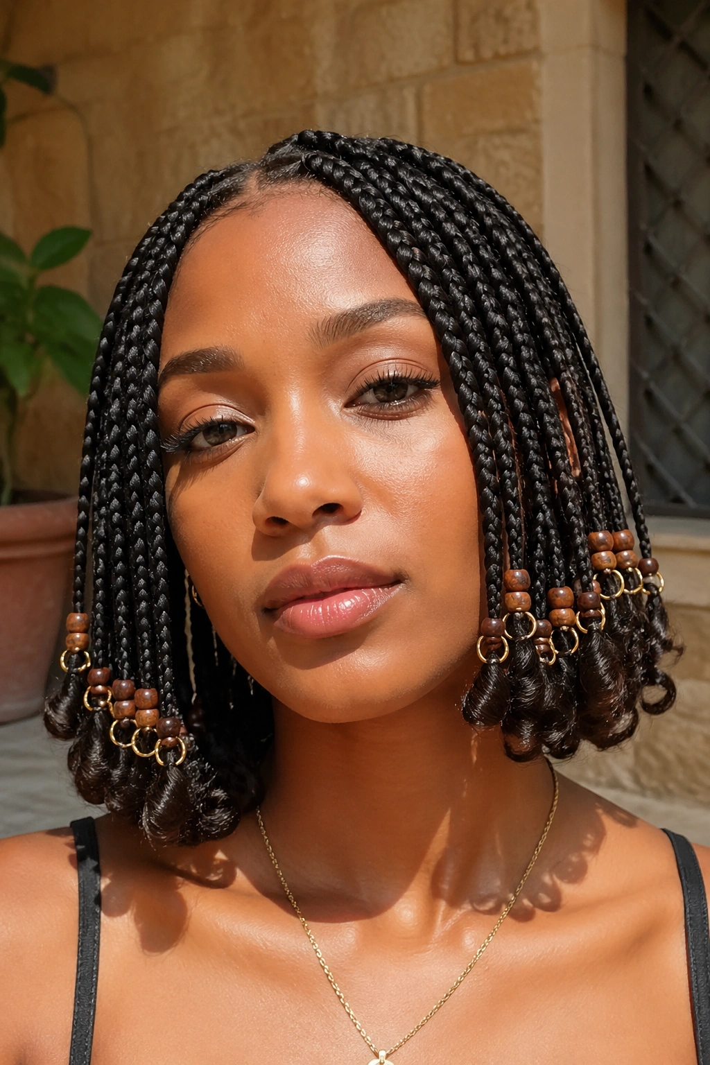 Close-up of wooden beads and gold rings on the ends of short boho box braids
