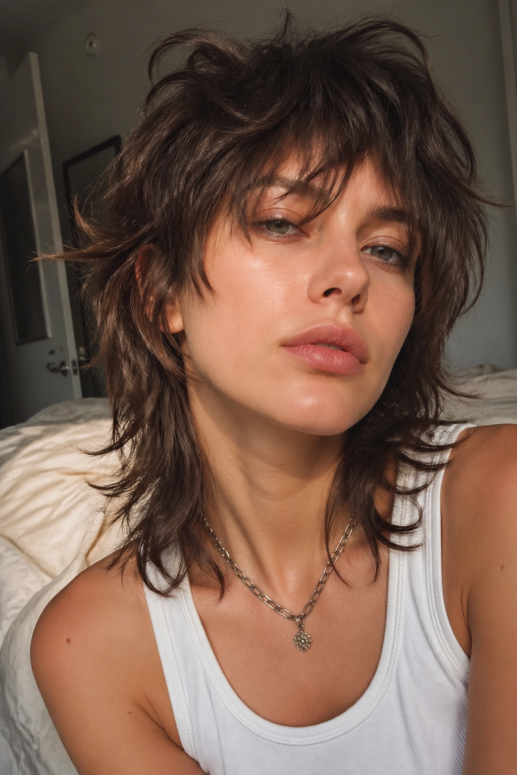 Close-up portrait of a real person with bedhead shag mullet in morning light