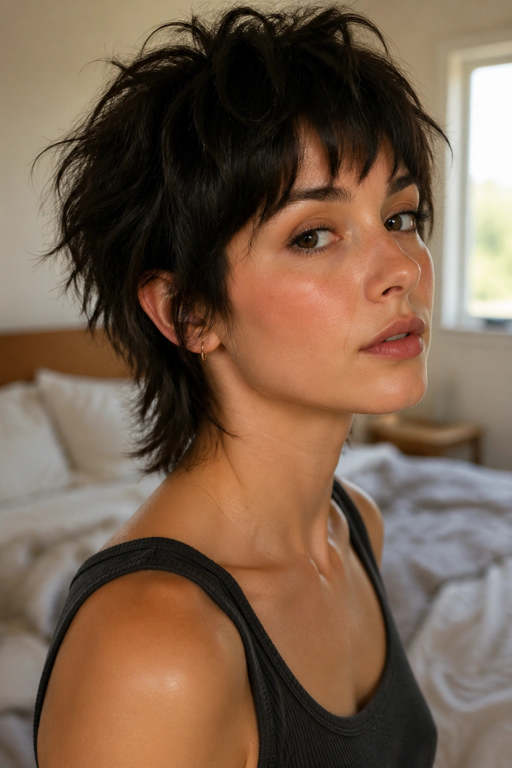 Close-up portrait of a real woman with tousled bedhead pixie mullet in a softly lit bedroom