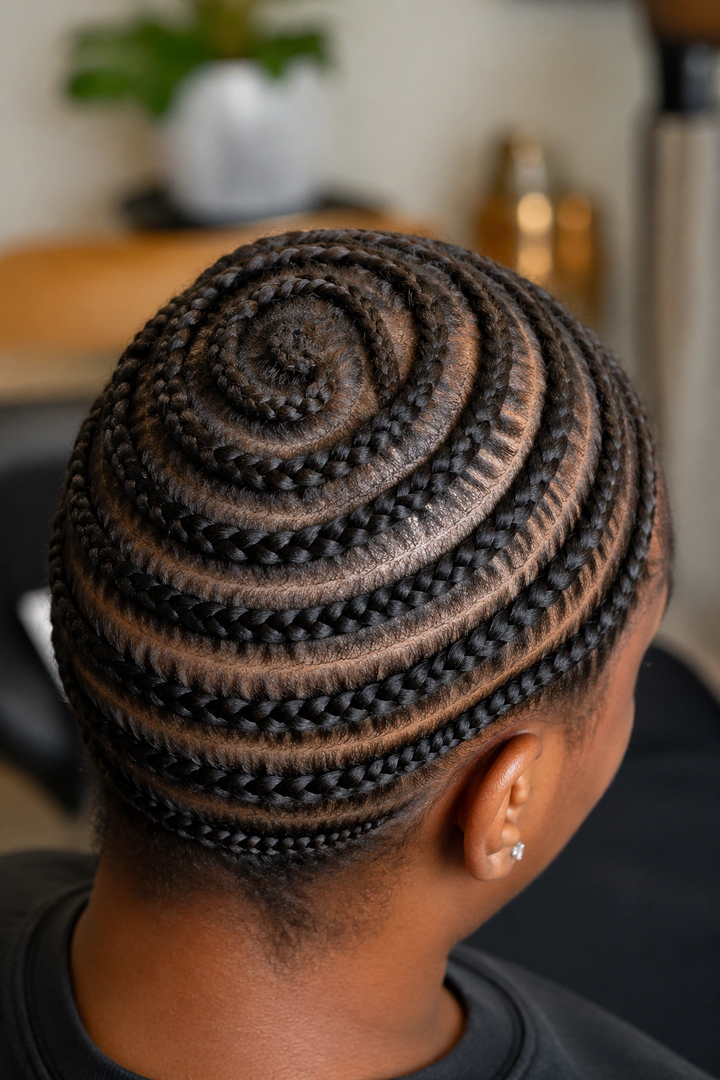Close-up of crown with spiral beehive braids on a real person
