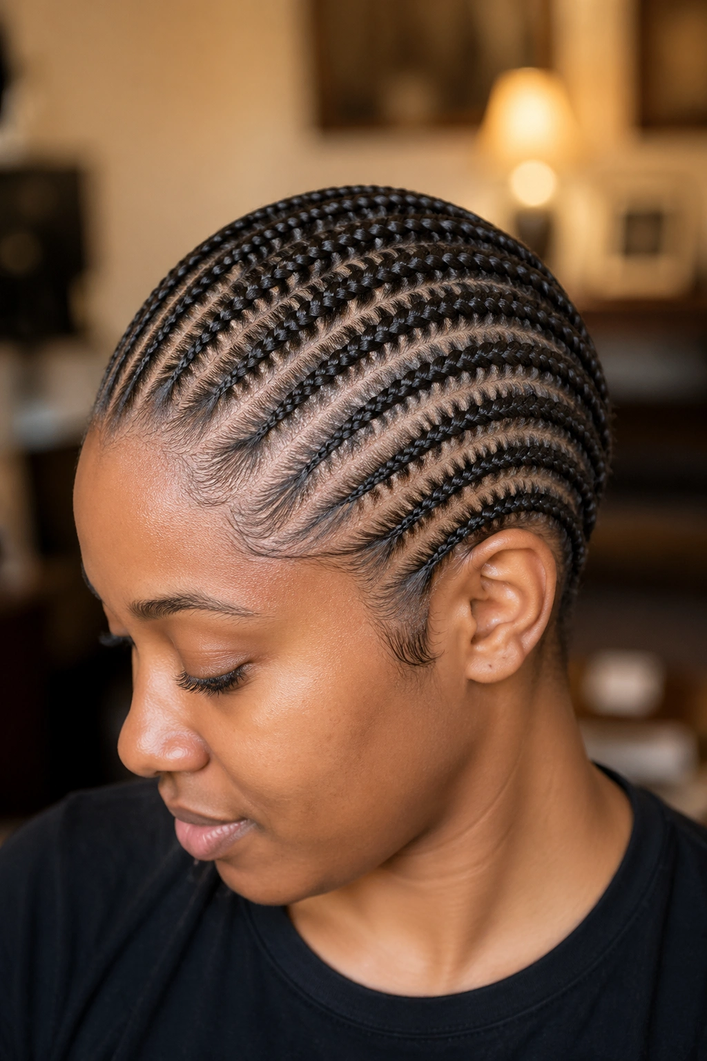 Close-up of a real person with beehive braids following the head shape.
