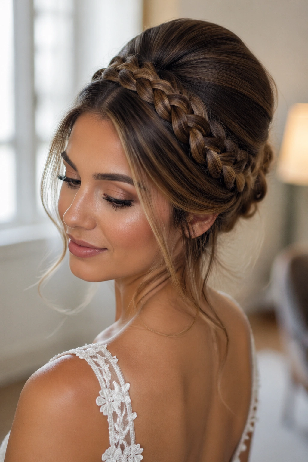 Bride with beehive crown braid and soft ends.