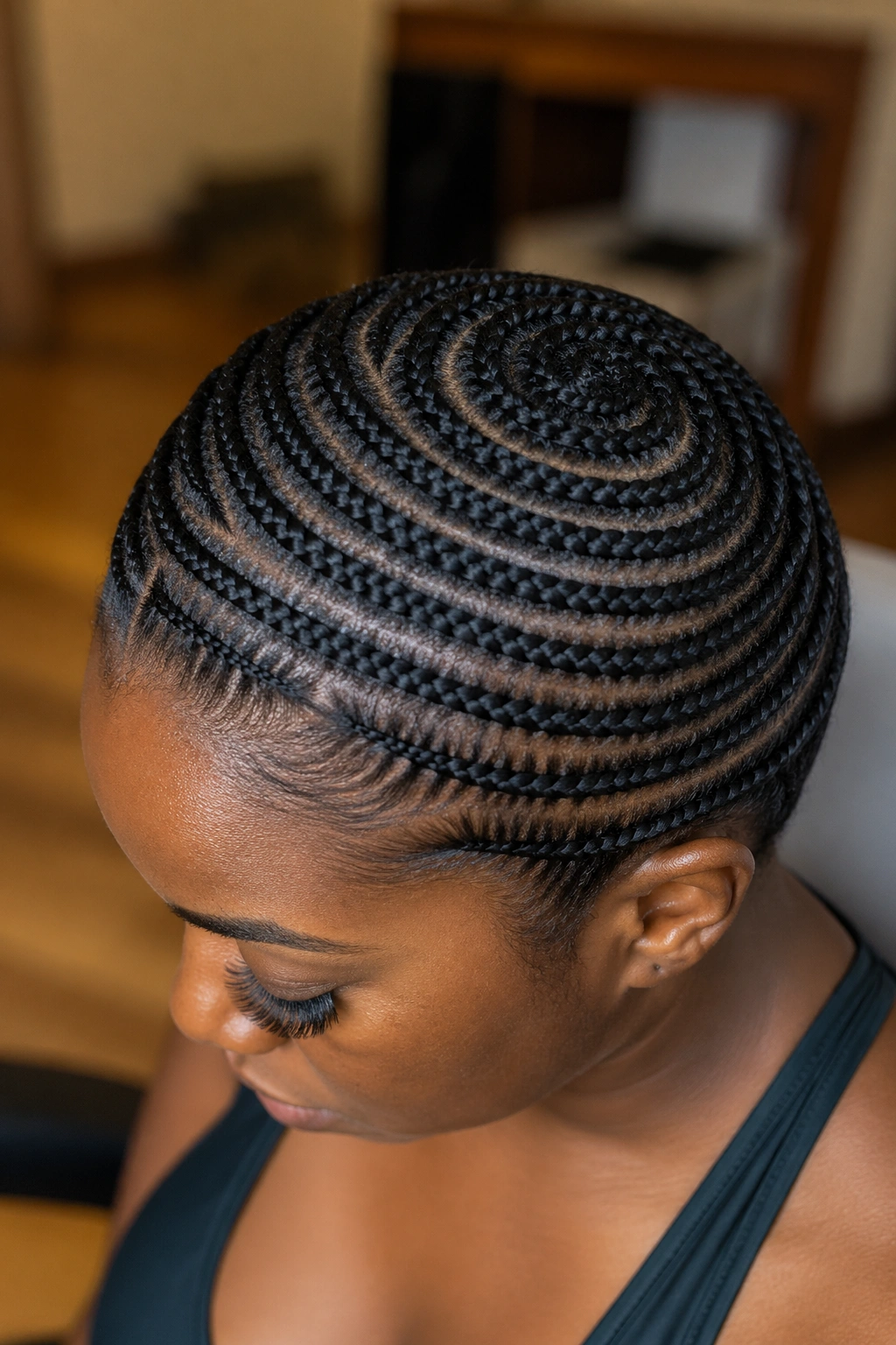 Close-up portrait of a real person with beehive cornrows around the crown