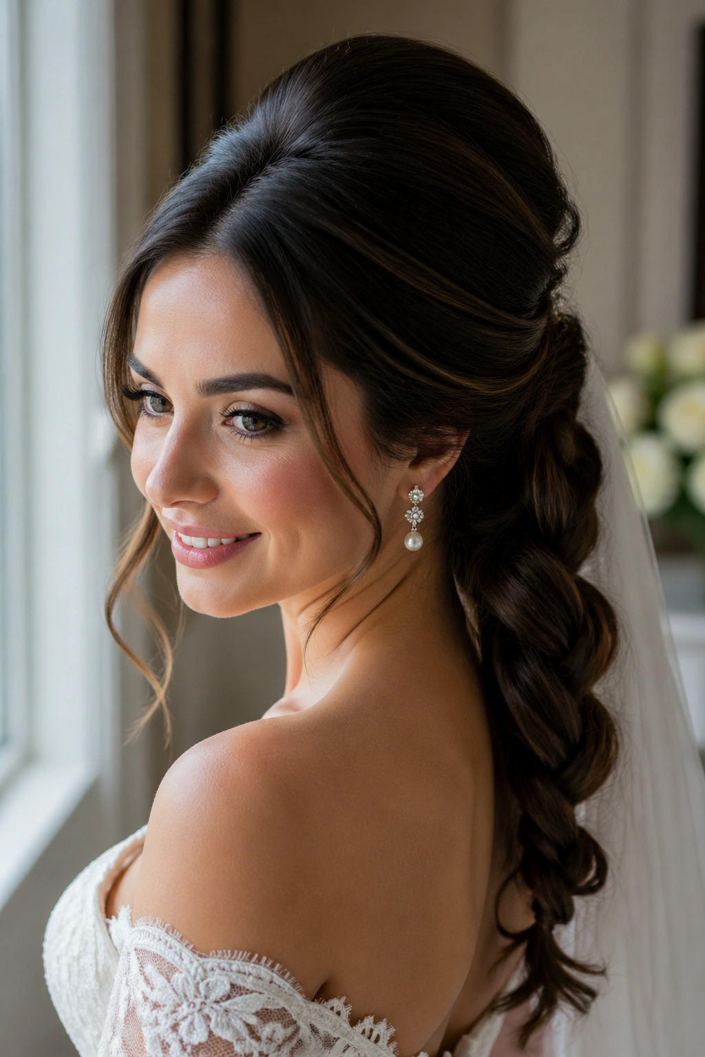 Close-up of a real bride's beehive ponytail braid with lifted crown in a bridal suite
