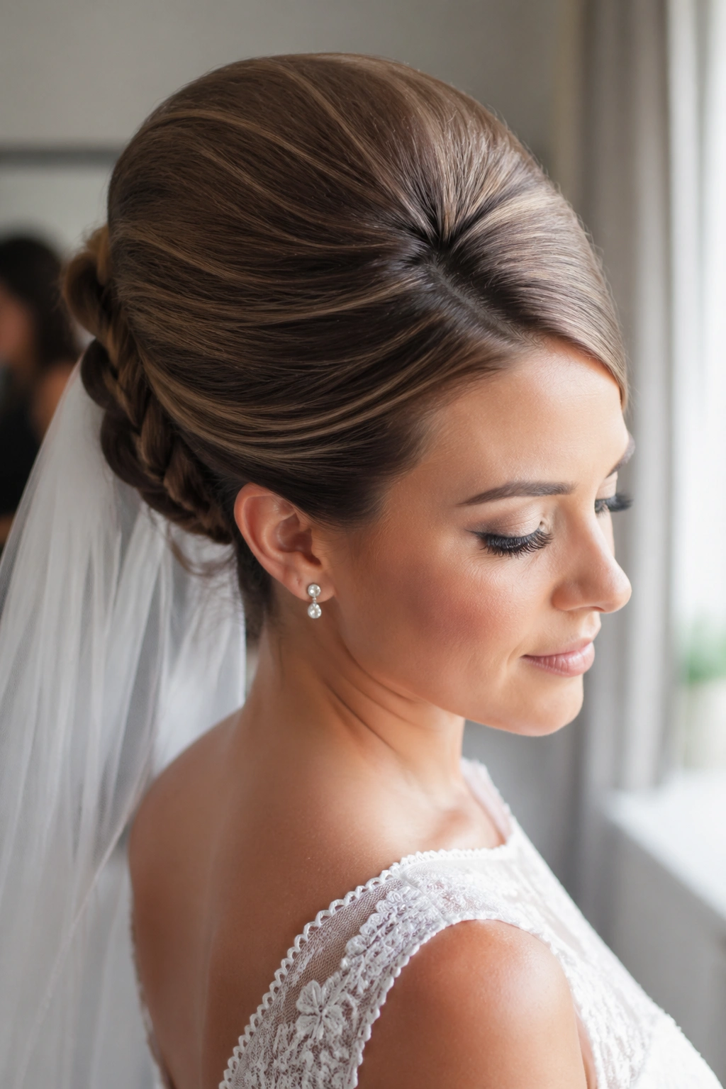 Close-up portrait of a real bride showcasing a classic teased beehive braid updo with a chignon and veil