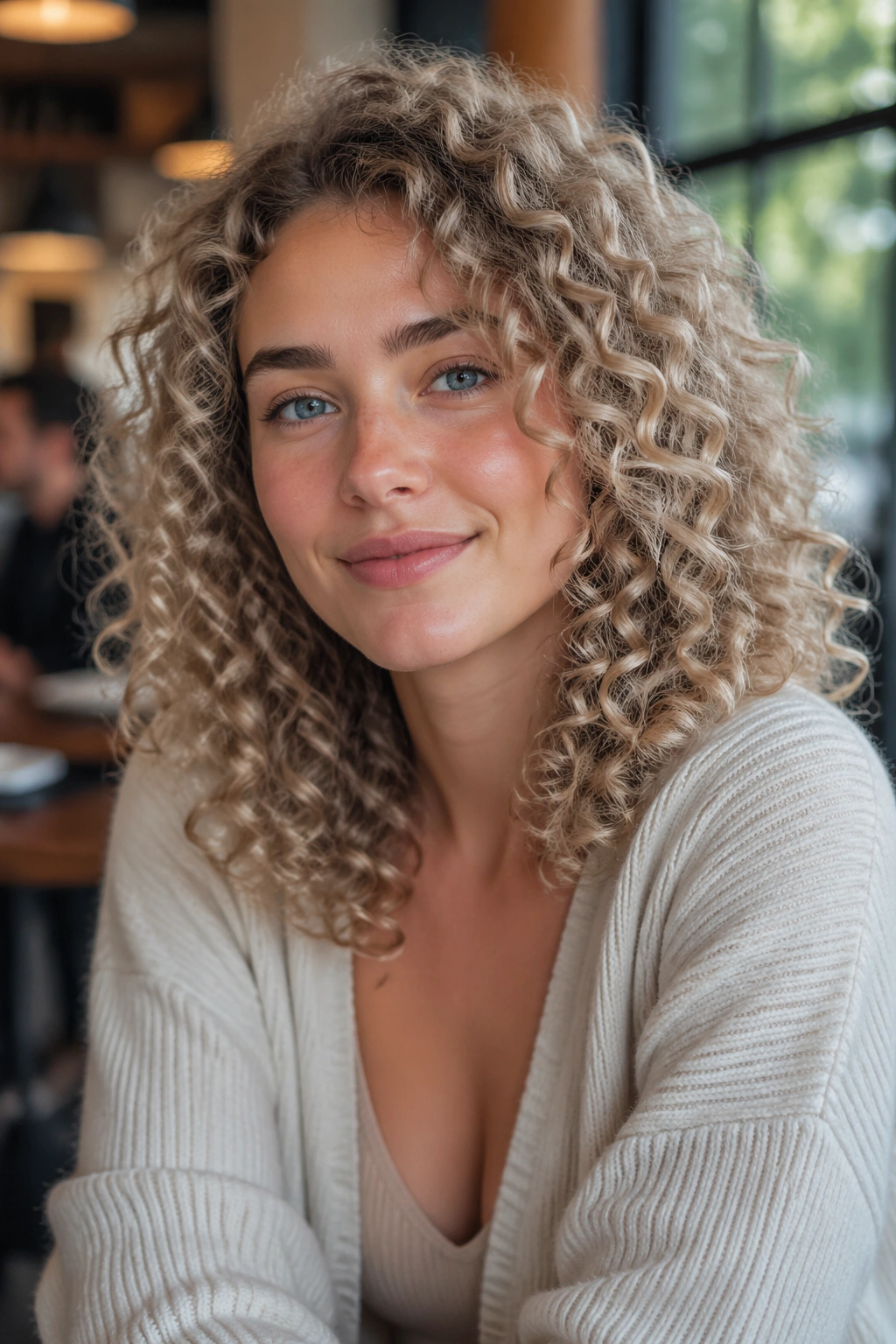 Close-up of a real woman with cool beige ash blonde curly hair in soft interior lighting