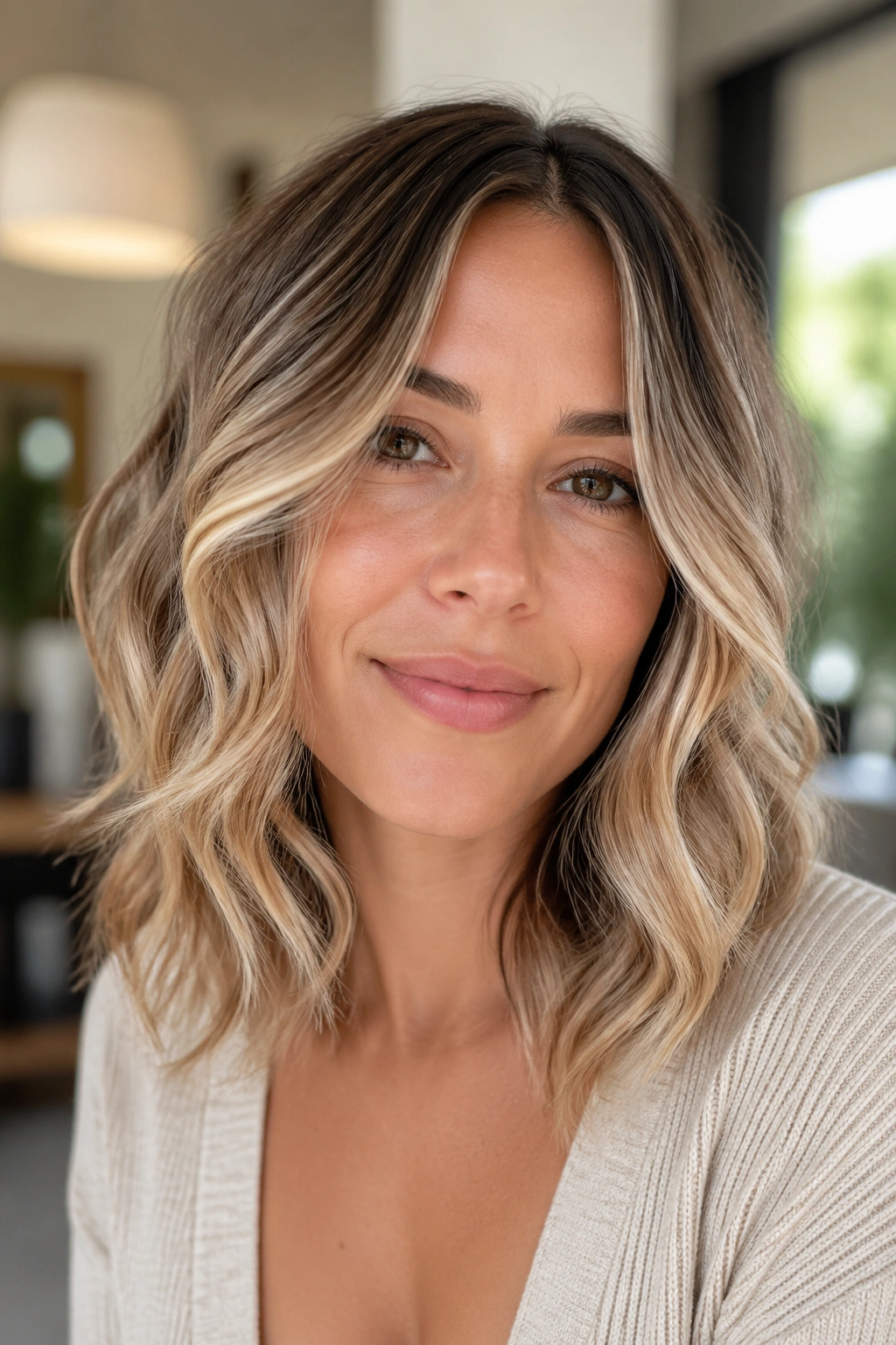 Close-up of real person with beige blonde balayage and soft curls