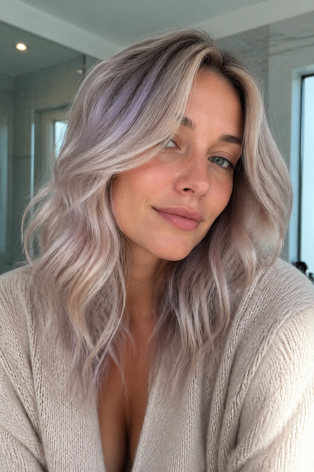 Close-up of a real woman with beige blonde hair and blue-violet toner.