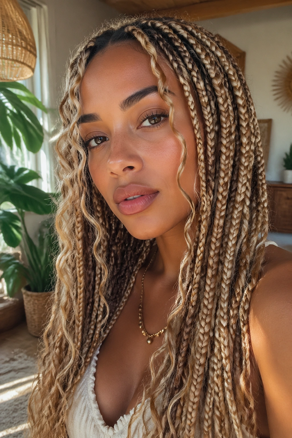 Real woman with beige-blonde boho box braids and loose curls