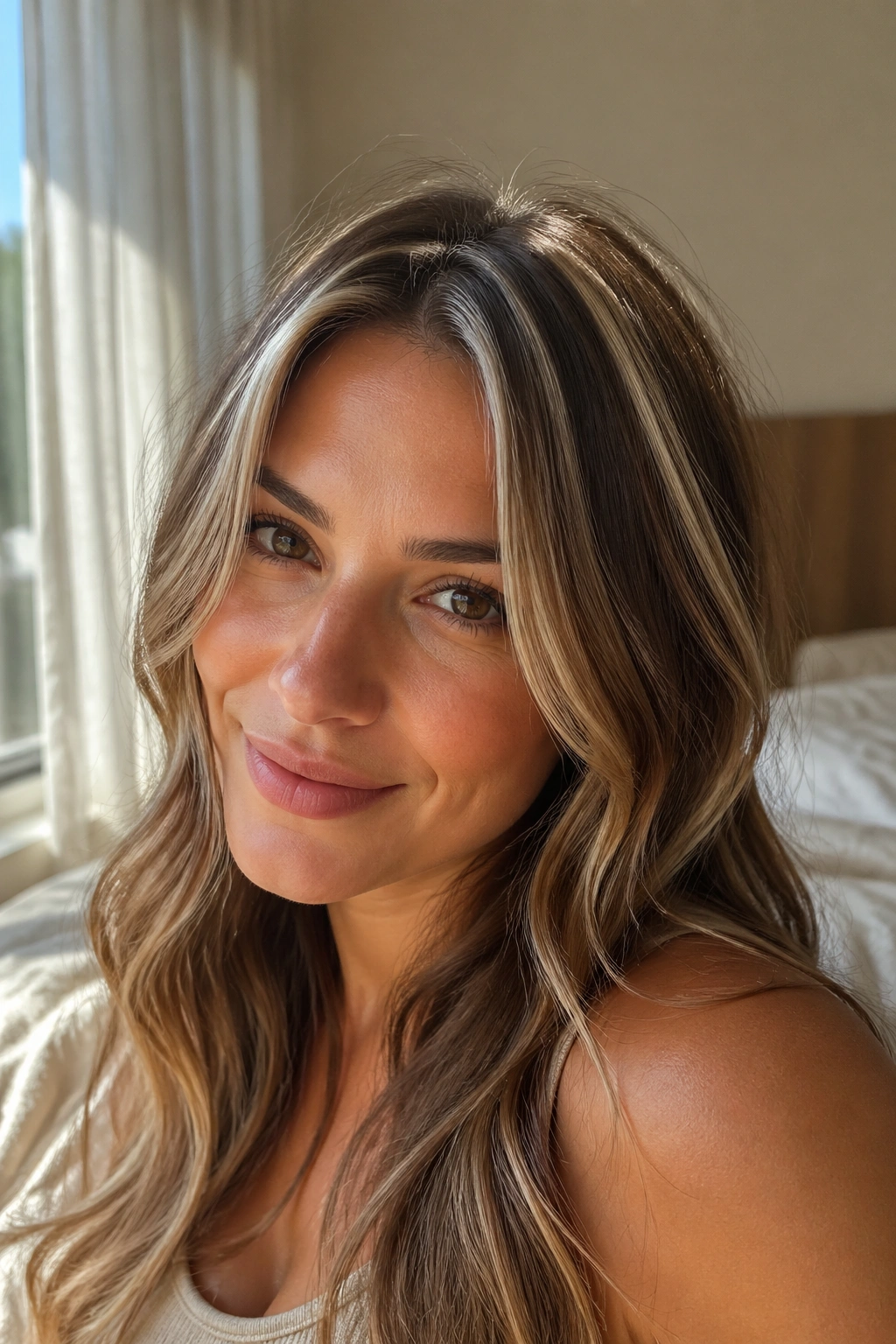 Close-up of crown area showing beige blonde ribbons in light brown hair.