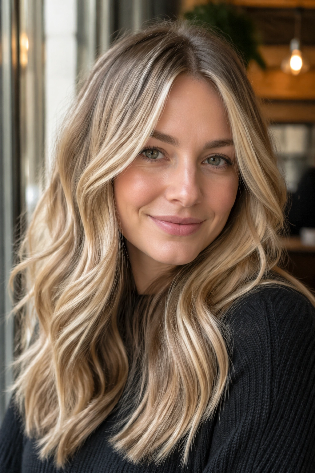 Close-up of a real woman with beige blonde dimension and multi-tonal pieces