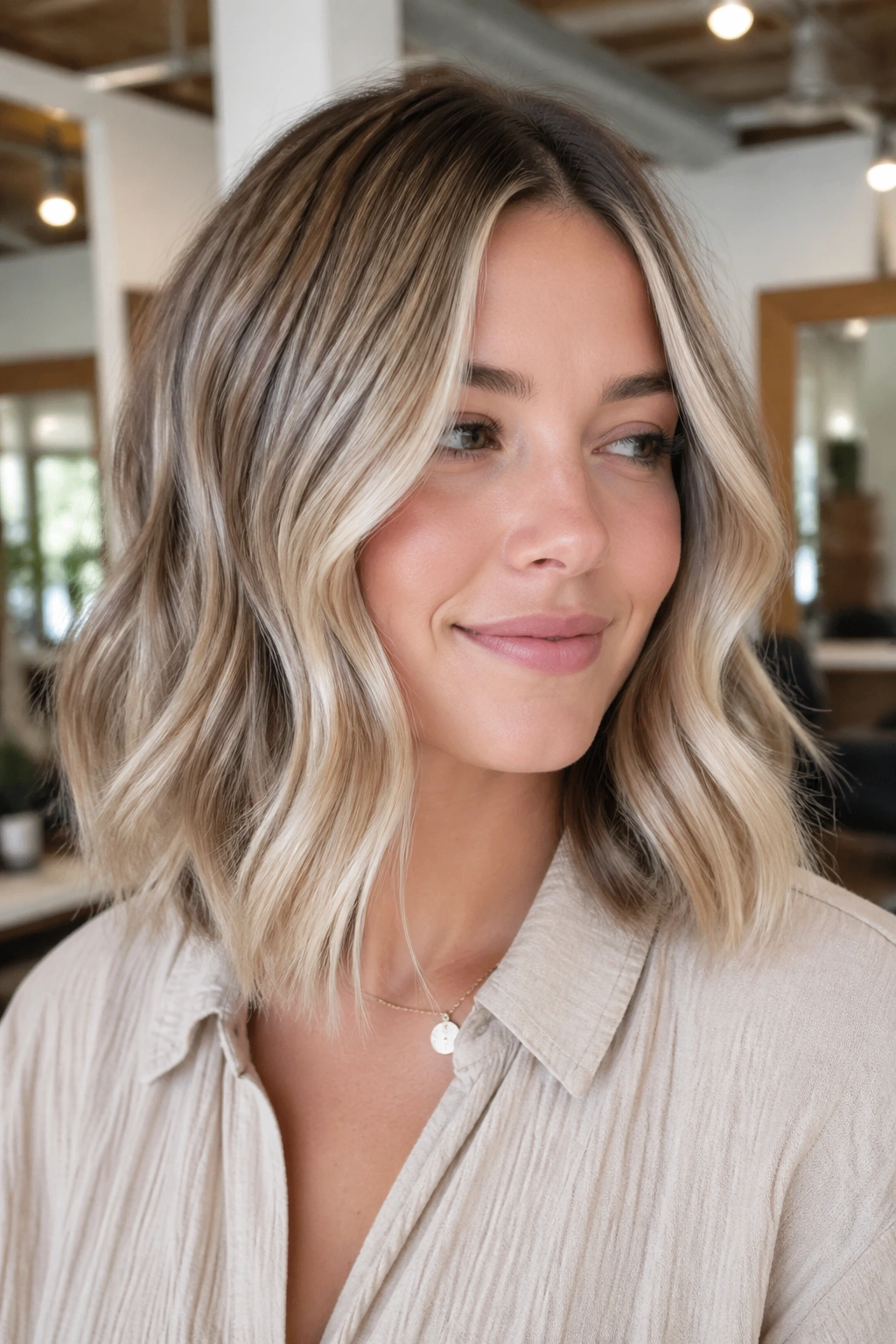 Portrait of a real woman with beige blonde lob and coffee lowlights