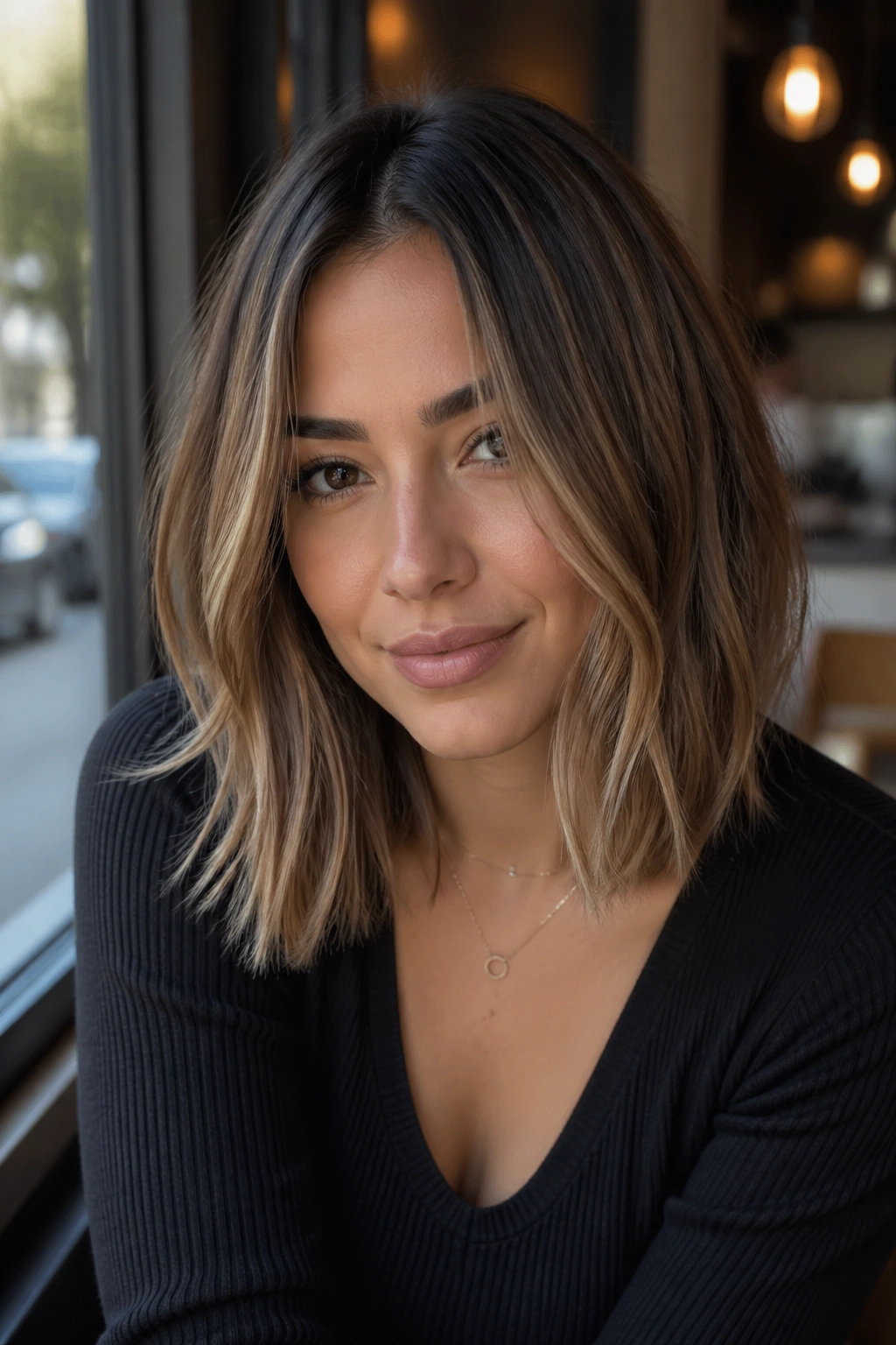 Close-up of a real woman with beige bronde long bob in natural light