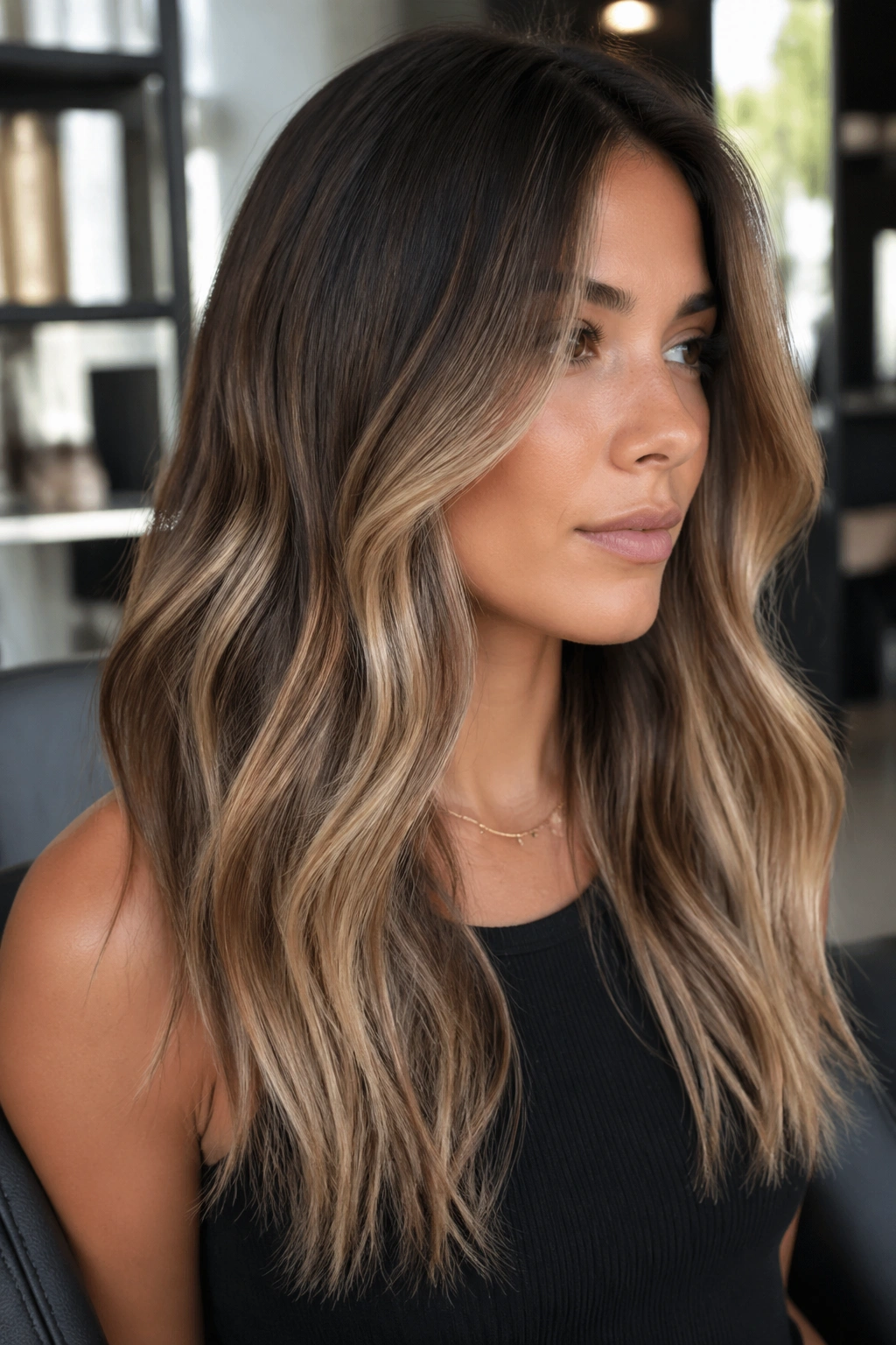 Close-up portrait of a real person with beige brunette balayage in natural light