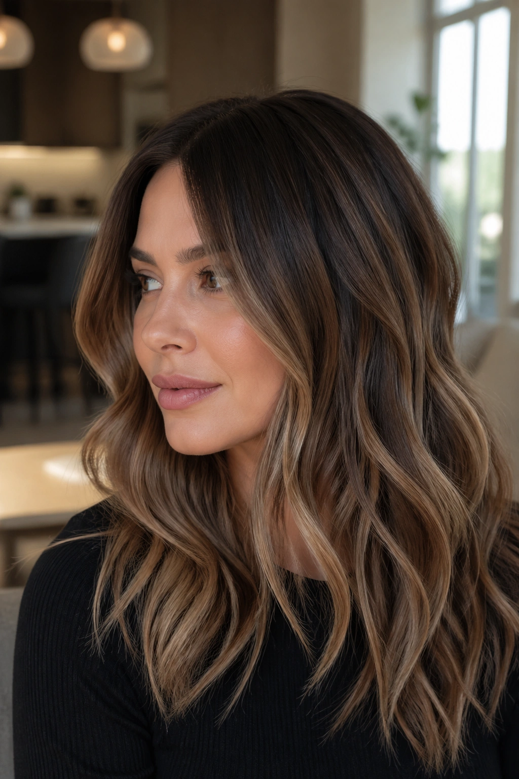 Close-up of real woman with beige brunette balayage and beige ribbons.