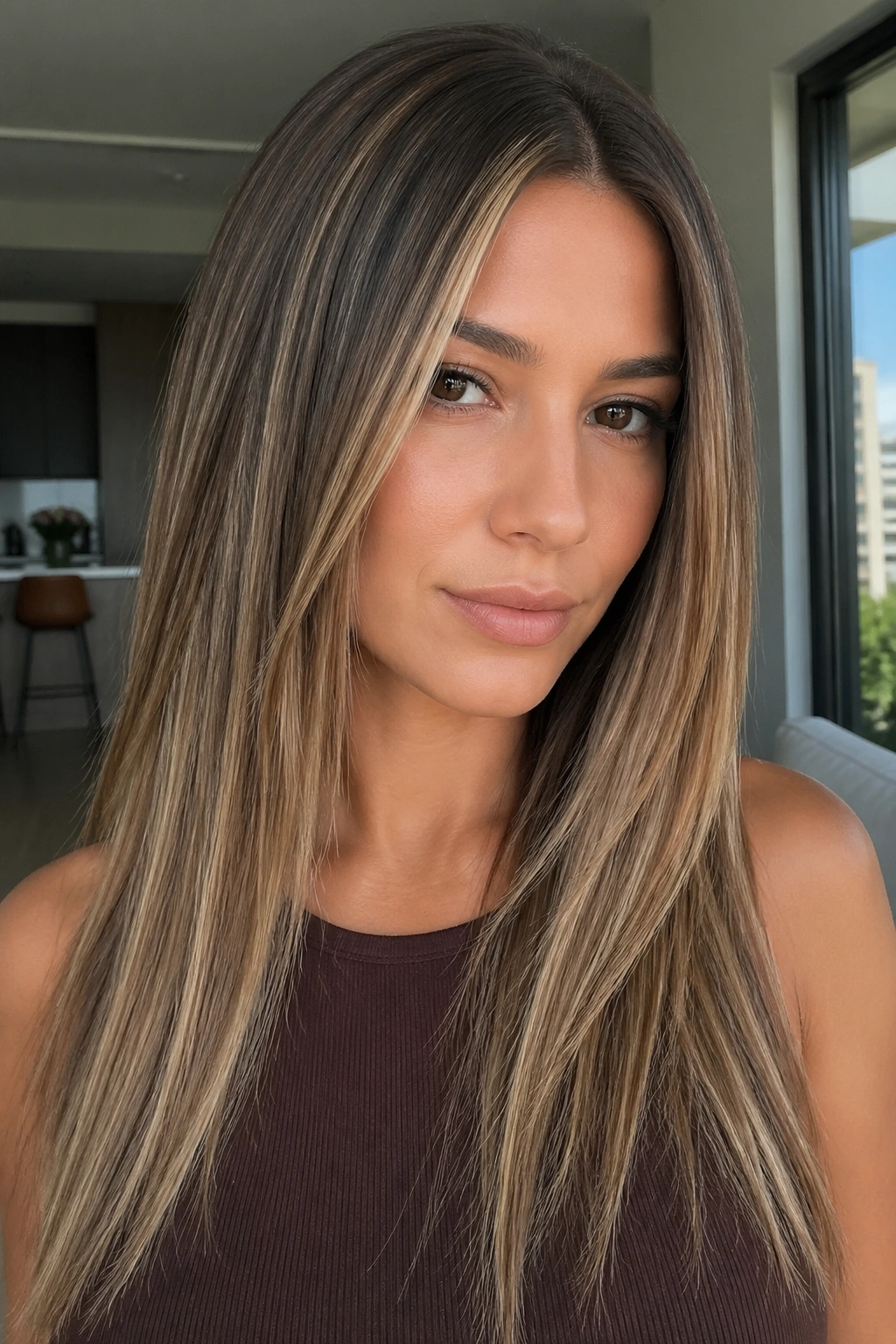 Real-person portrait with straight hair featuring beige caramel ribbon balayage