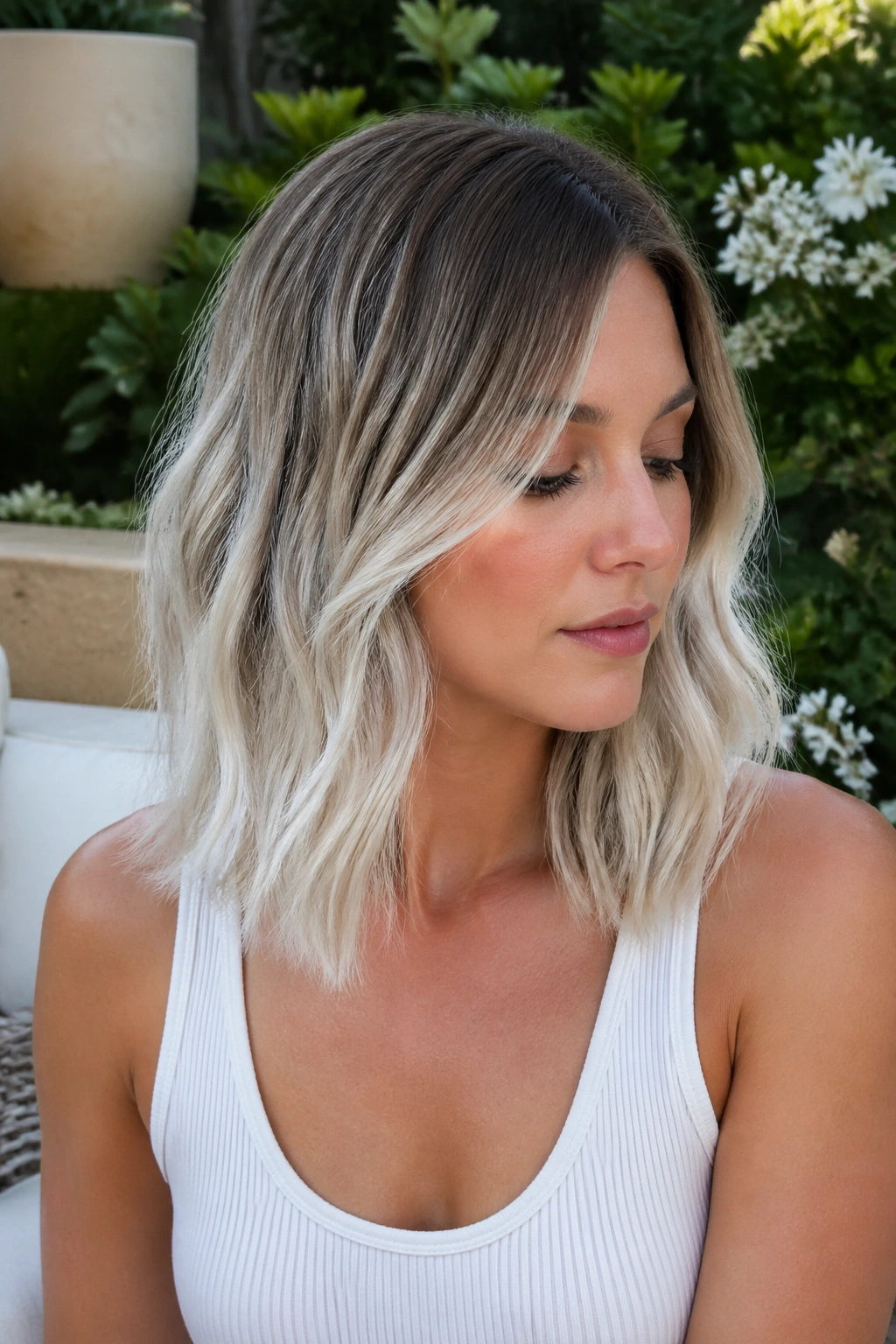 Portrait of a person with beige-iced ombré hair transitioning from dark roots to icy ends.