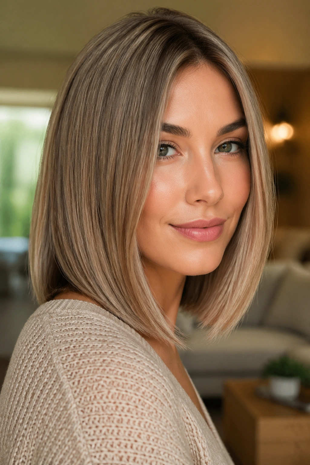 Close-up of beige light brown hair with soft gloss on a real person