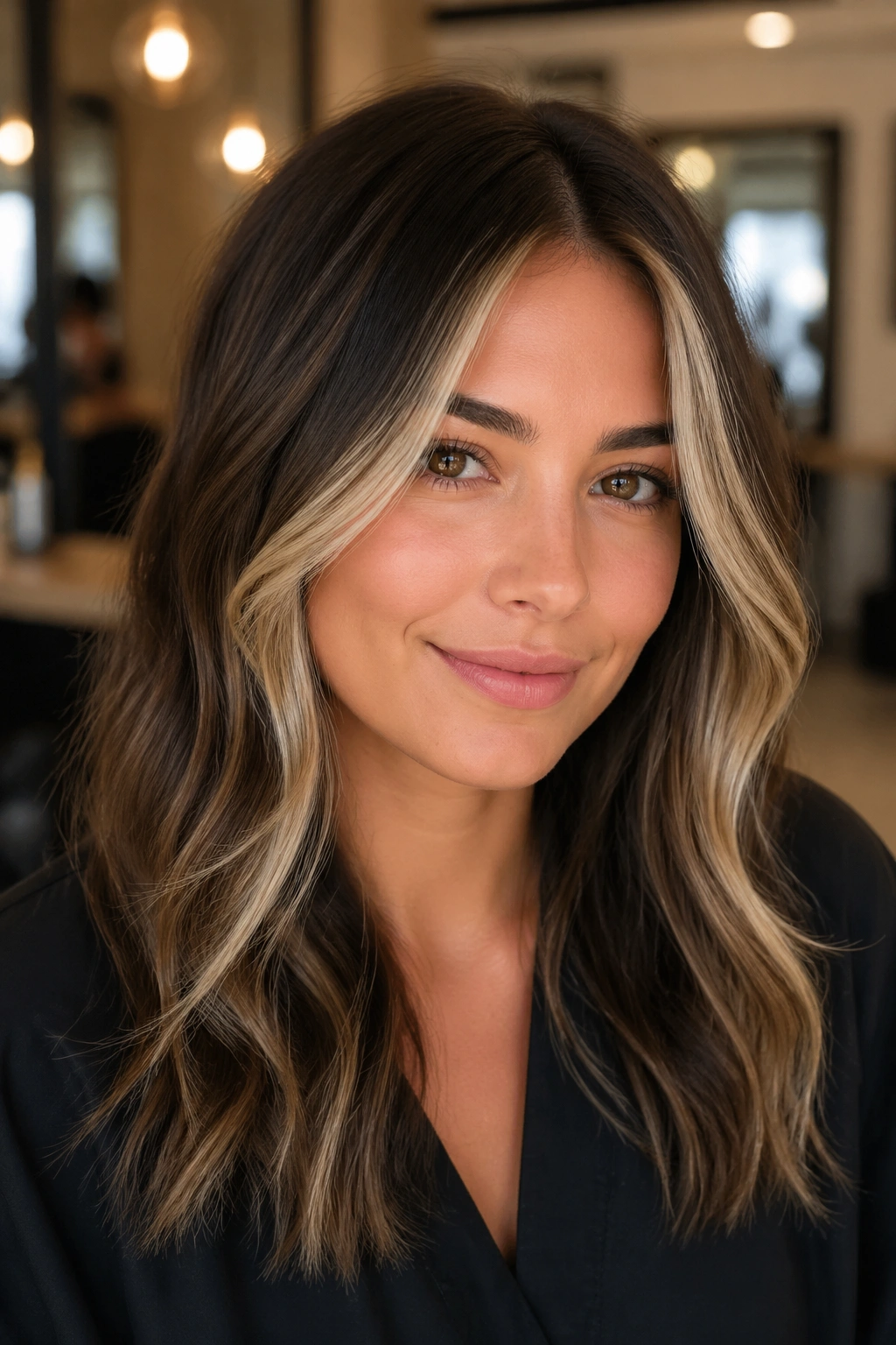 Close-up portrait of brunette woman with face-framing beige ribbons at temples in a warm salon
