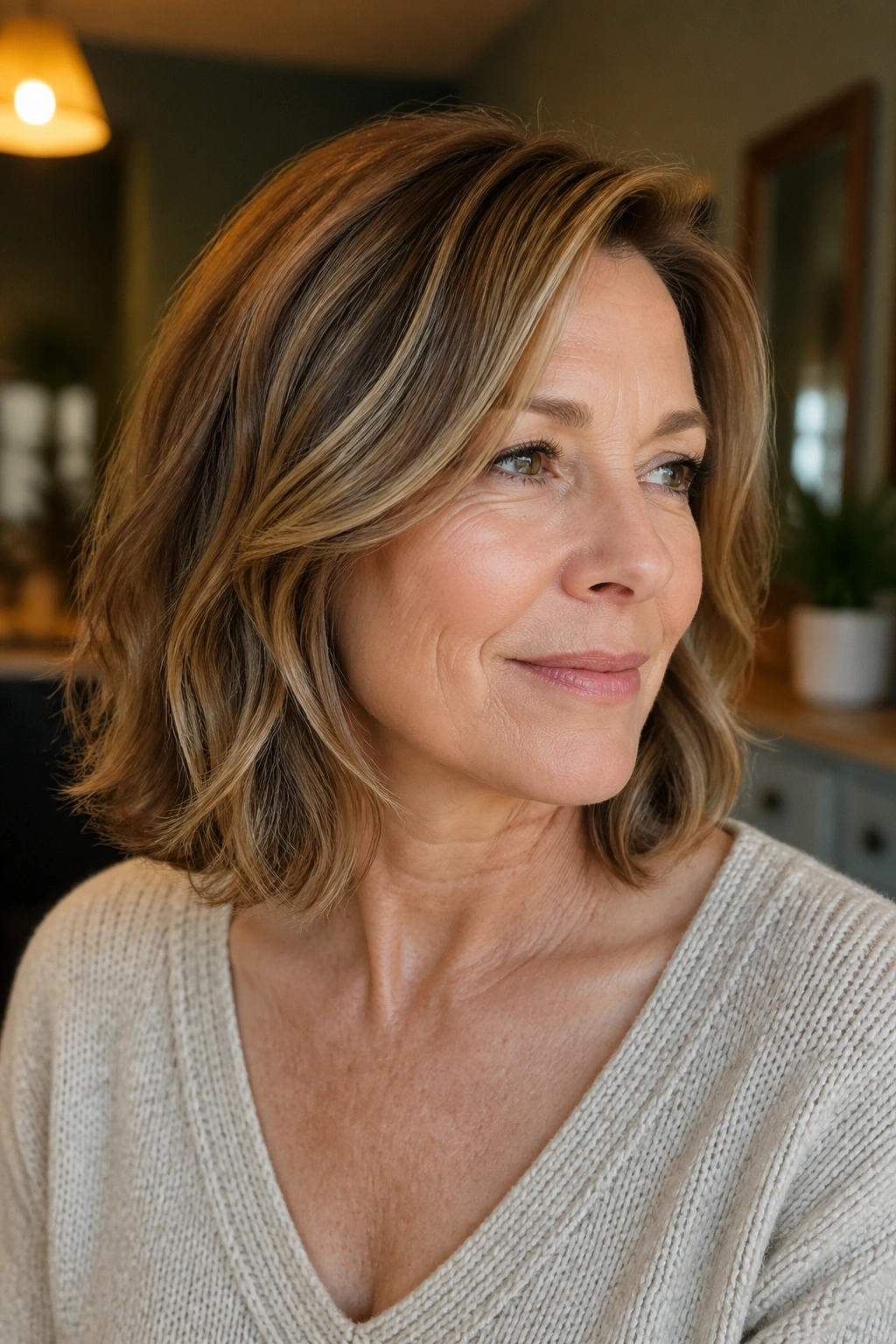 Close-up of a real woman with bent ends on a mid-length bob