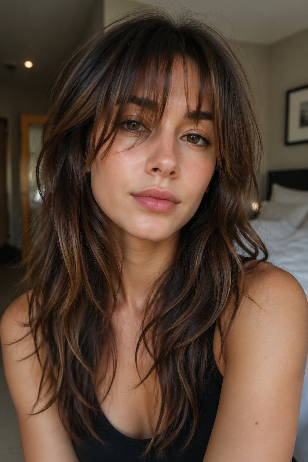 Portrait of a real woman with Birkin bangs long shag and soft edges