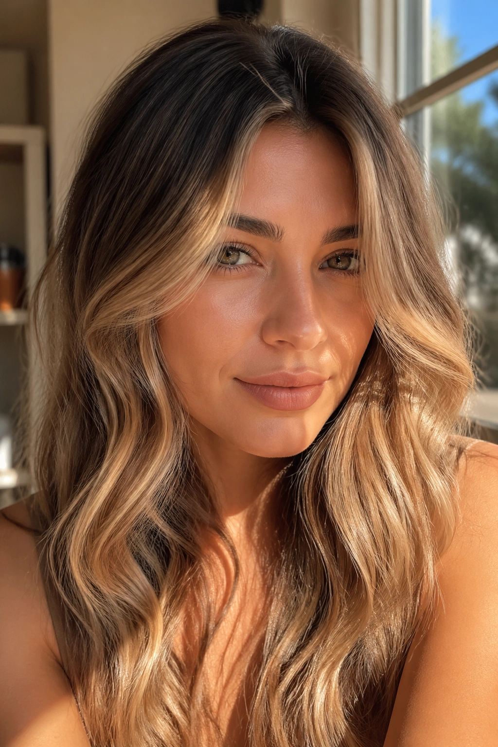 Close-up portrait of a real woman with biscuit bronde hair in warm window light