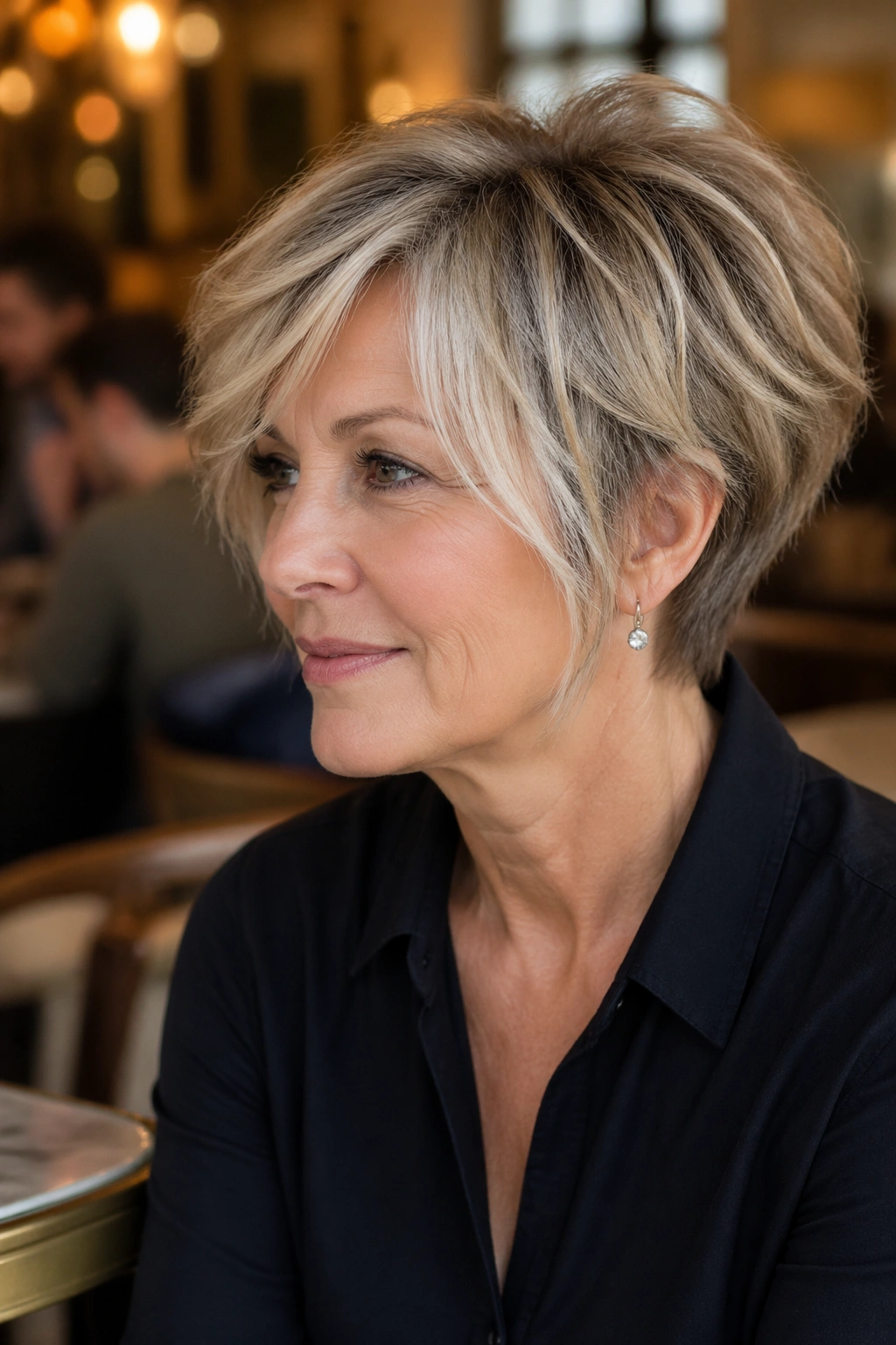 Close-up of a real woman with bixie cut in warm cafe light
