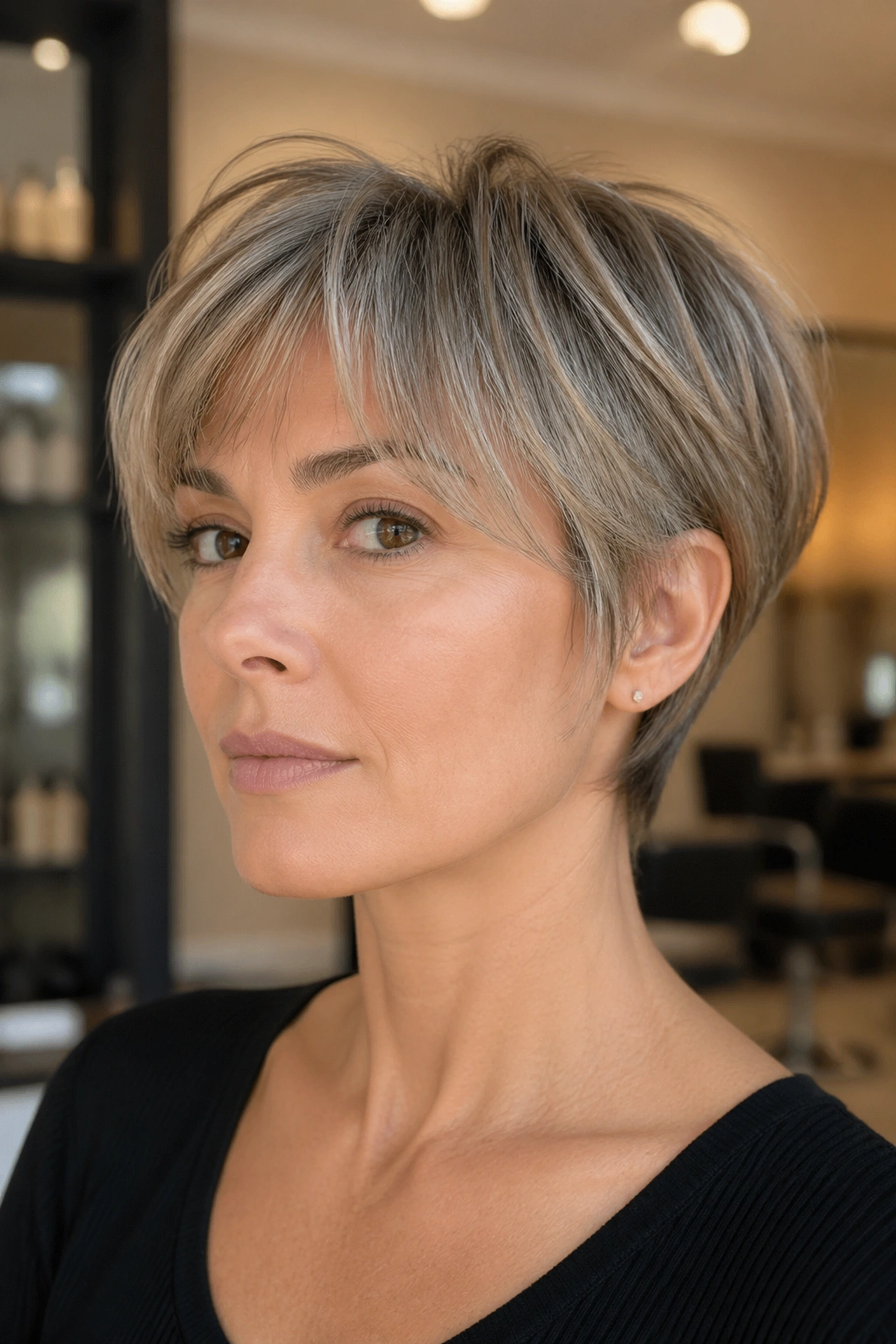 Close-up portrait of a real woman with a bixie haircut featuring longer crown and shorter sides.