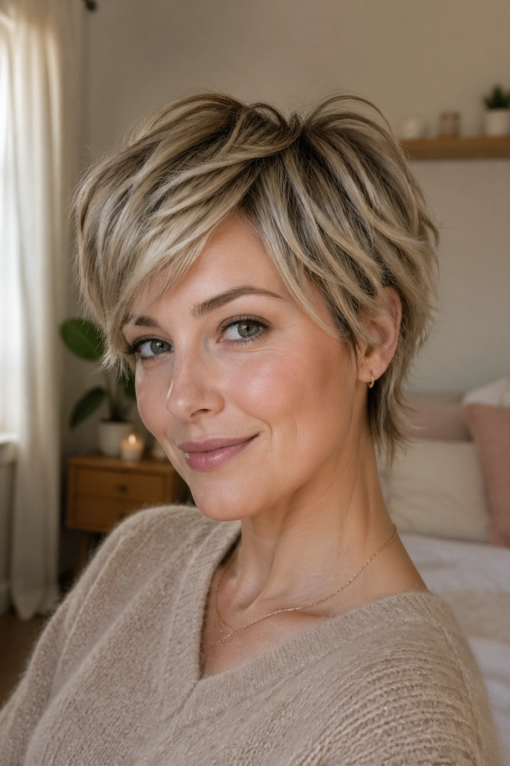 Close-up portrait of a real woman with a bixie cut and piecey texture, short sides and swept fringe.