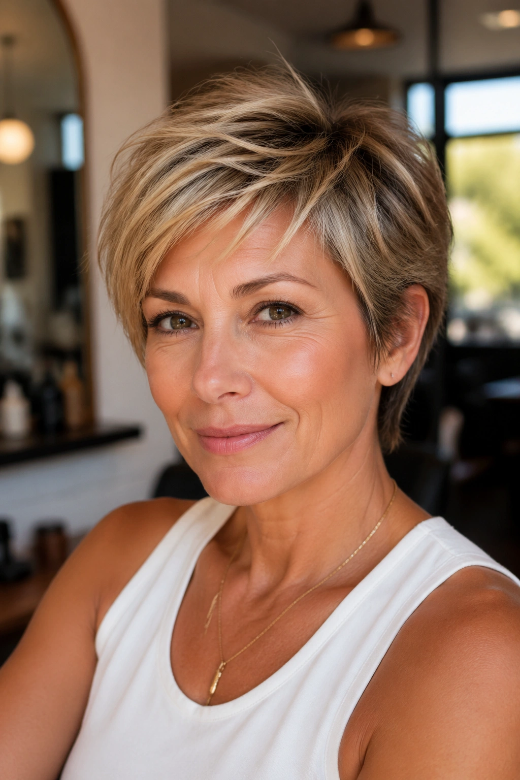 Portrait of a real woman with a bixie haircut.
