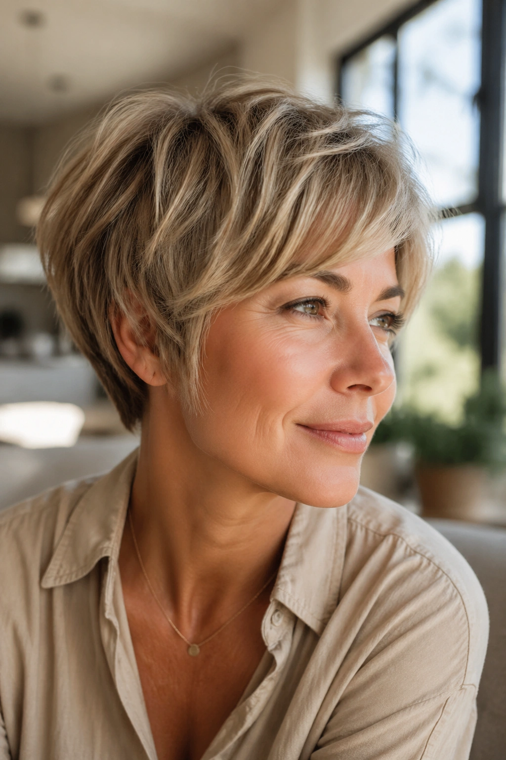 Close-up portrait of a real woman with a bixie cut and soft temple edges