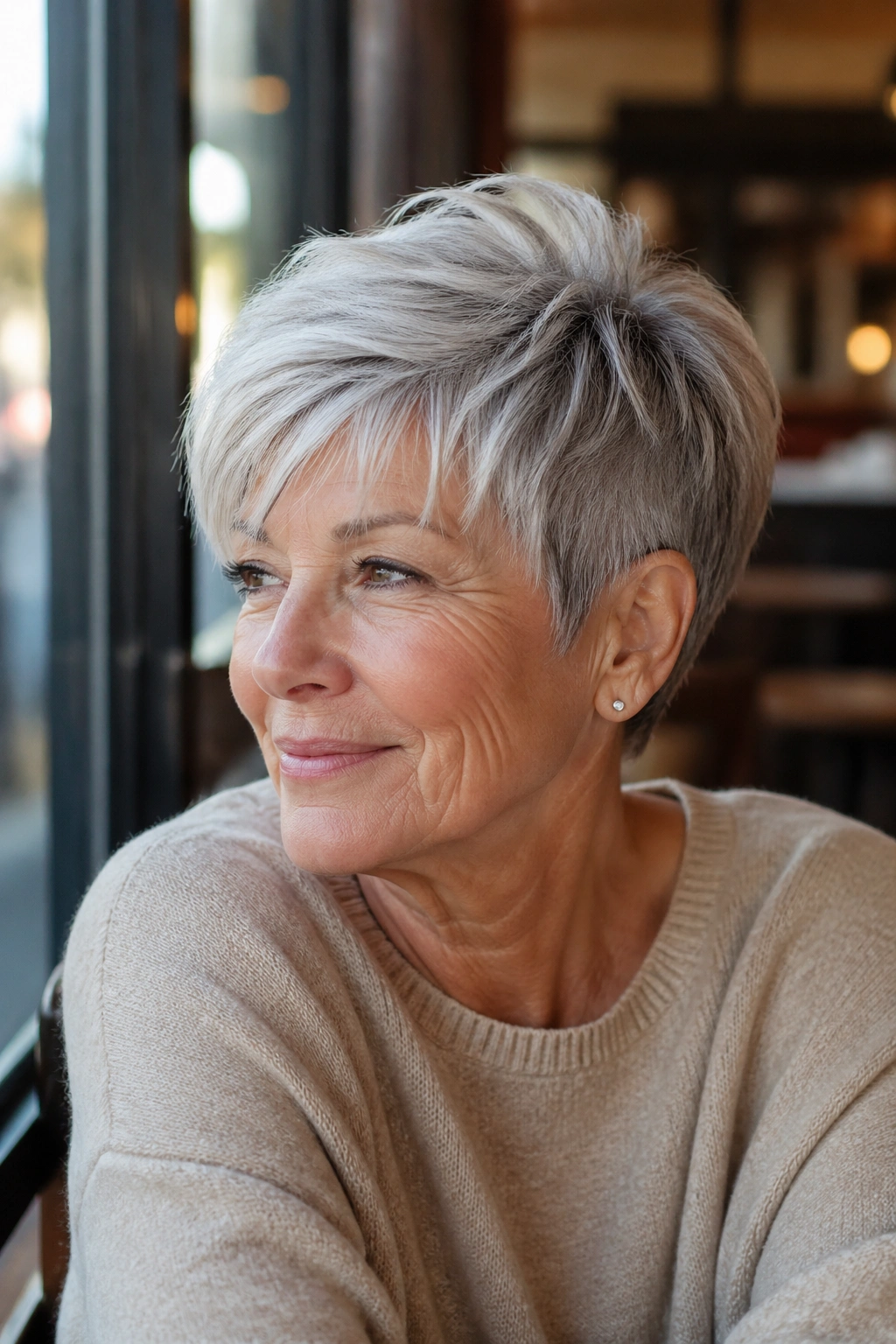 Close-up of an older woman with bixie cut hairstyle