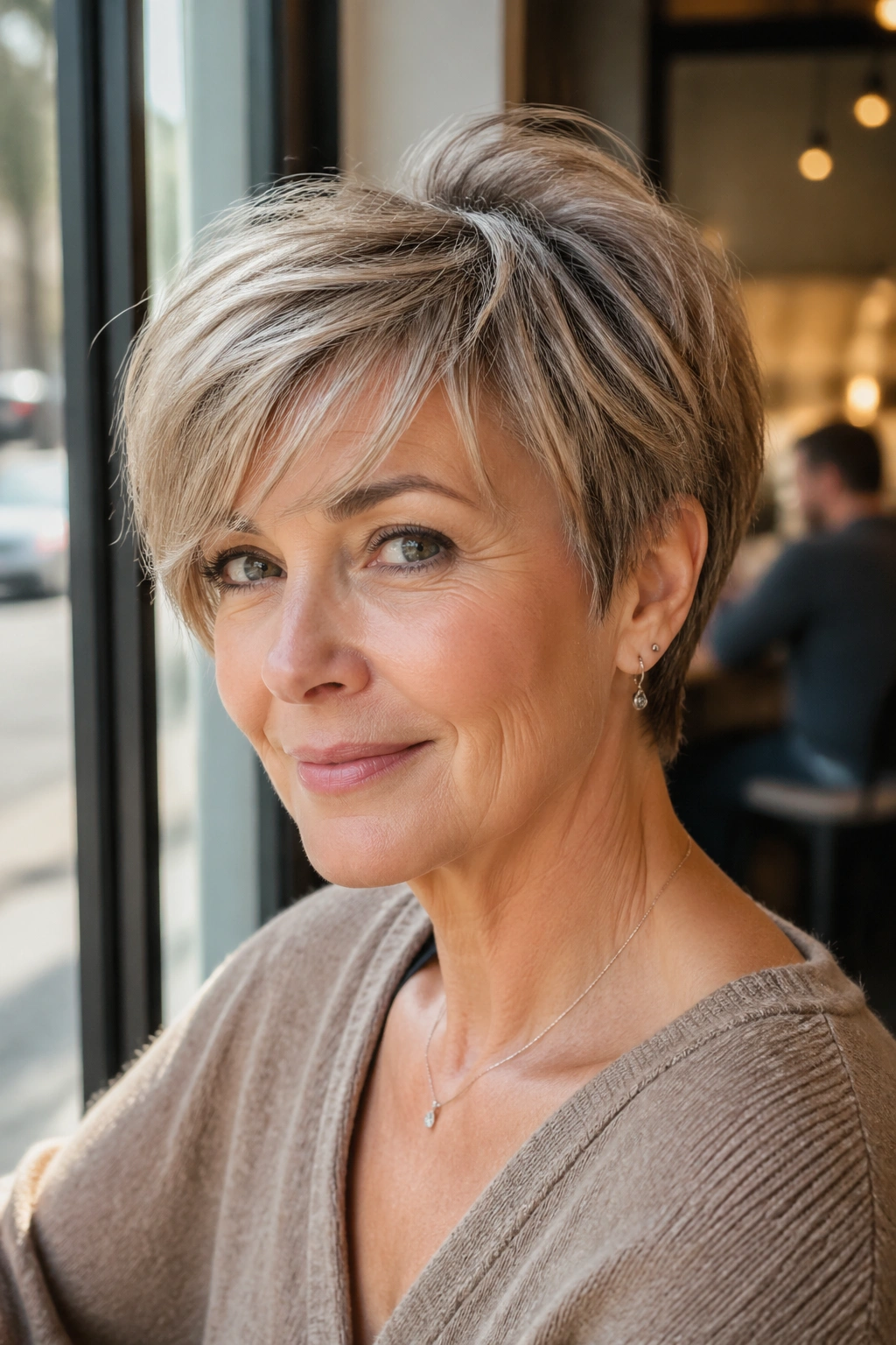 Real woman with bixie cut and side fringe in a sunny cafe window setting
