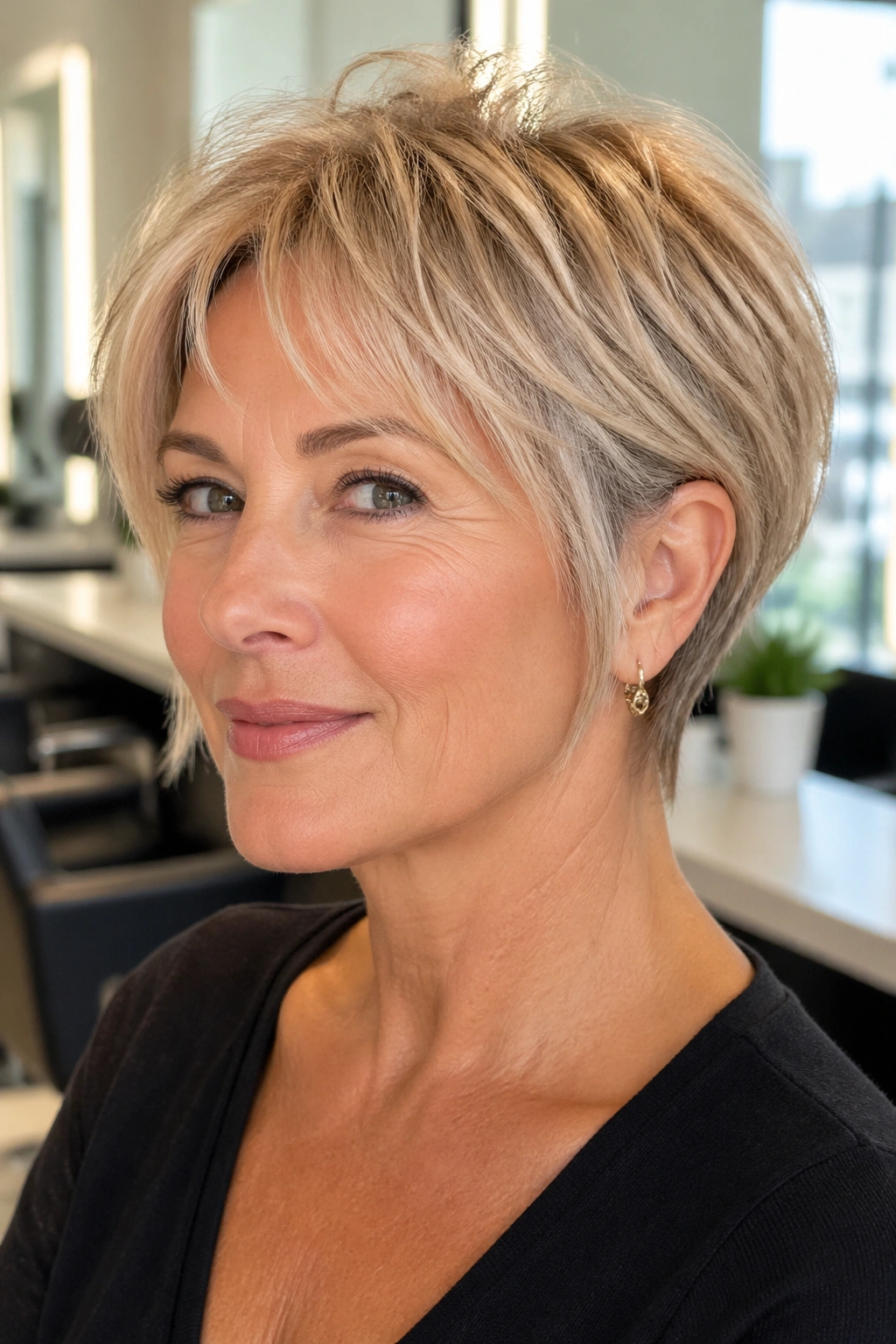 Close-up portrait of a woman with a bixie cut and tapered nape.