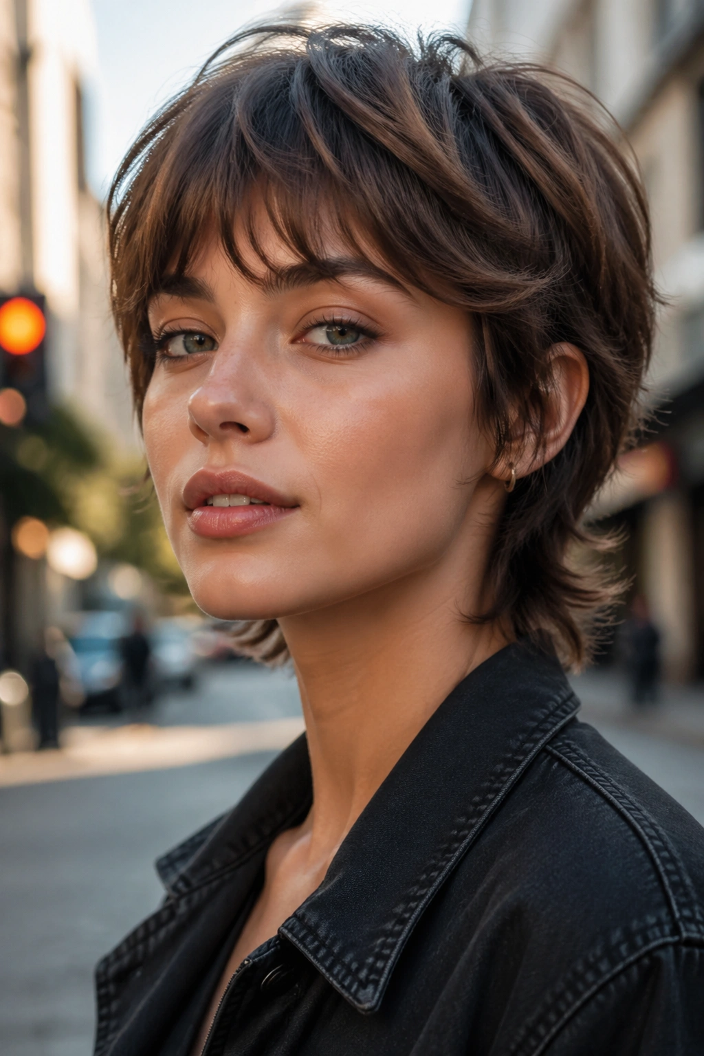 Portrait of a real woman with a bixie cut and feathered layers outdoors