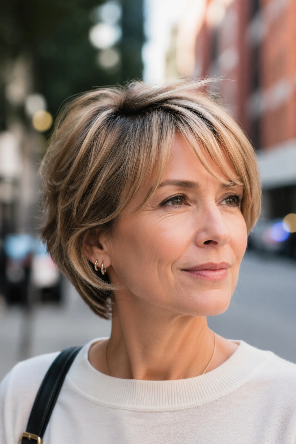 Close-up of real woman with bixie haircut in an urban outdoor setting