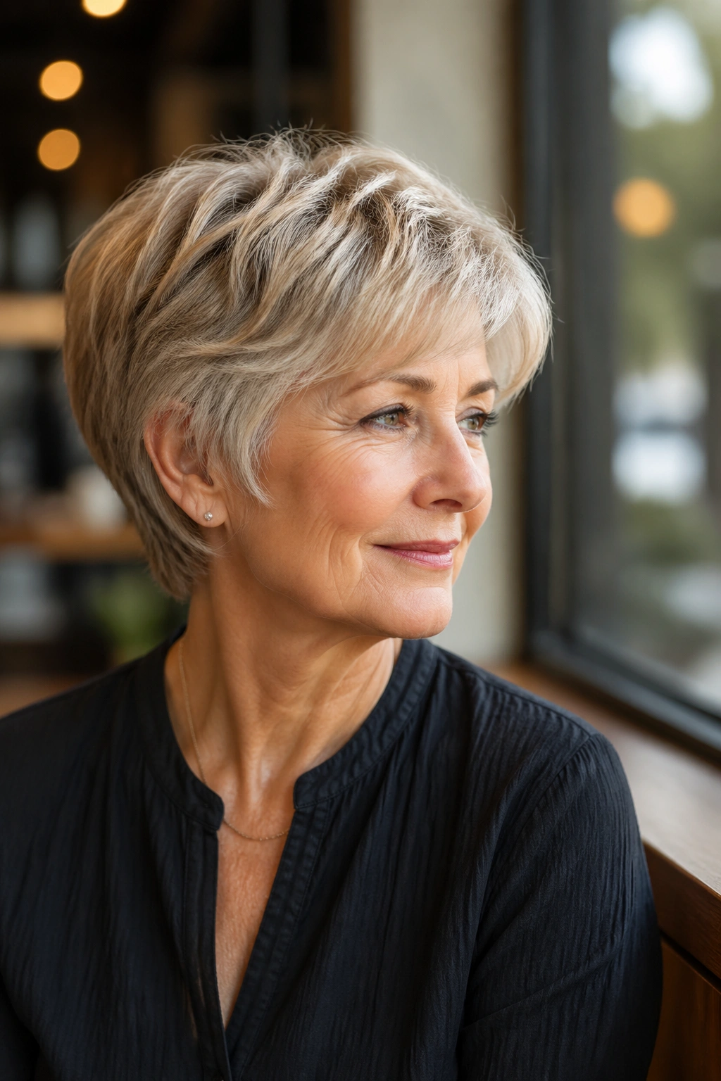 Close-up of a real woman with bixie haircut showing longer top and shorter back