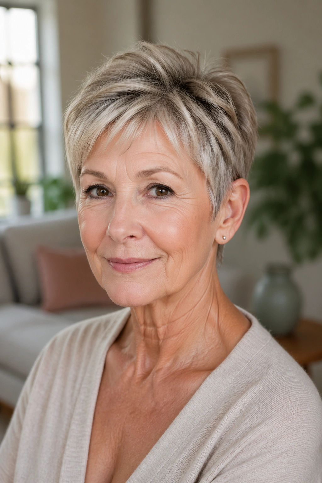 Portrait of a woman with a bixie cut showing top-length and soft framing