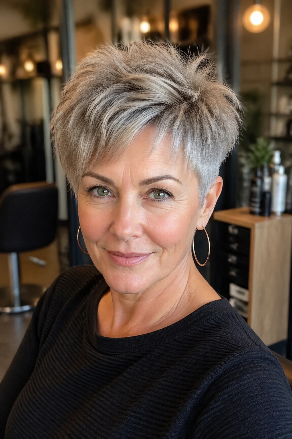 Portrait of a real woman with a choppy bixie haircut and tapered sides in a modern salon