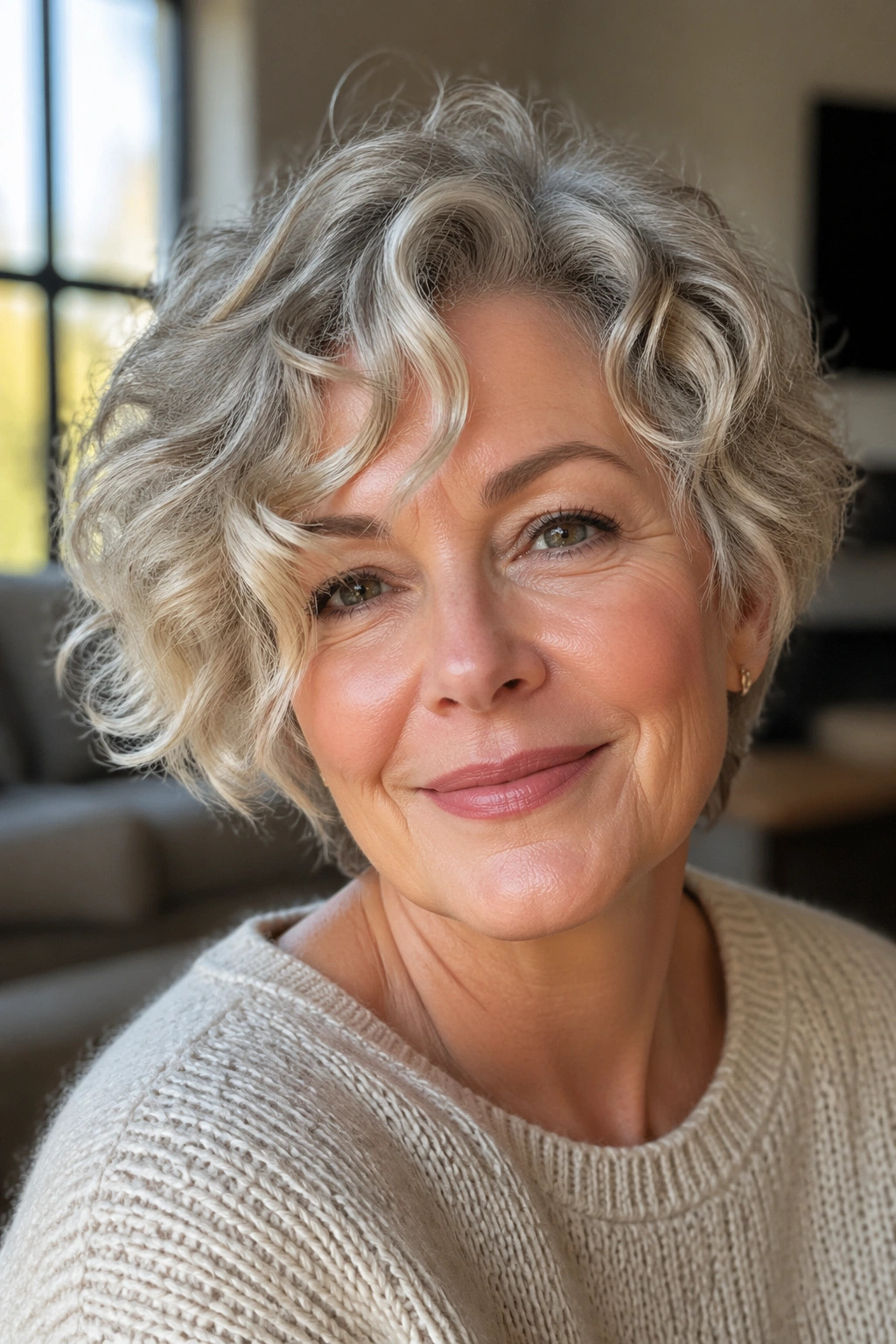 Close-up portrait of a real woman with a bixie haircut in natural light