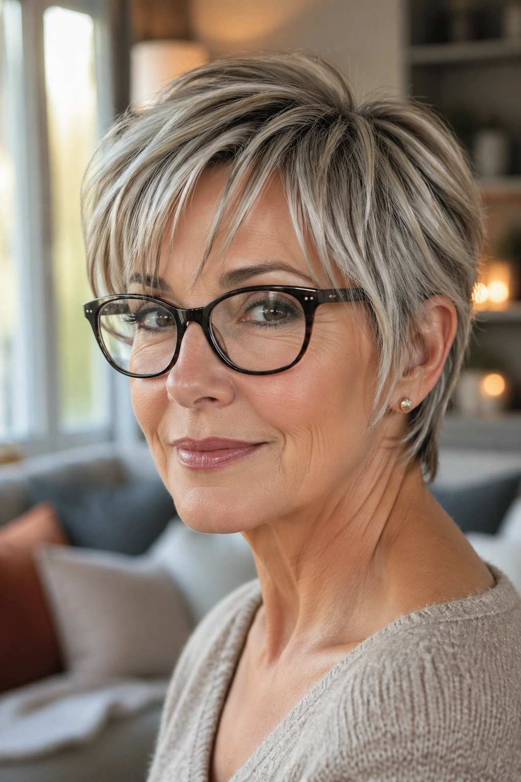 Close-up portrait of an older woman with a bixie haircut, piecey texture and glasses