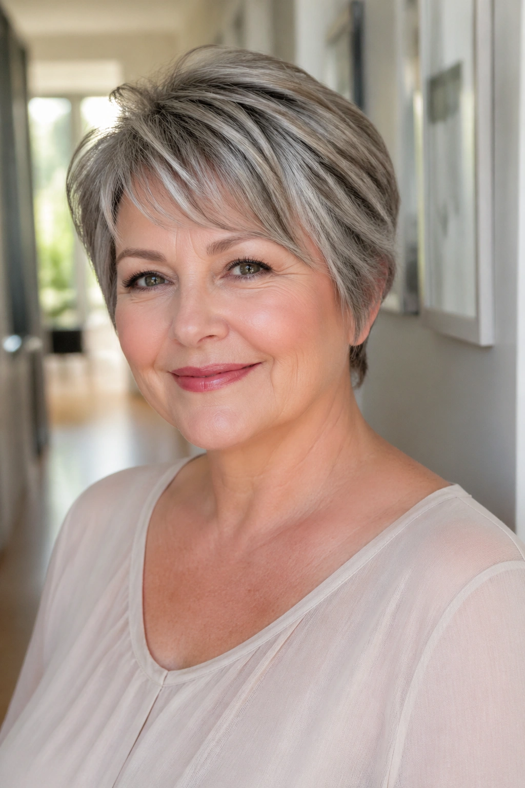 Close-up portrait of a real woman with bixie hairstyle suitable for round faces