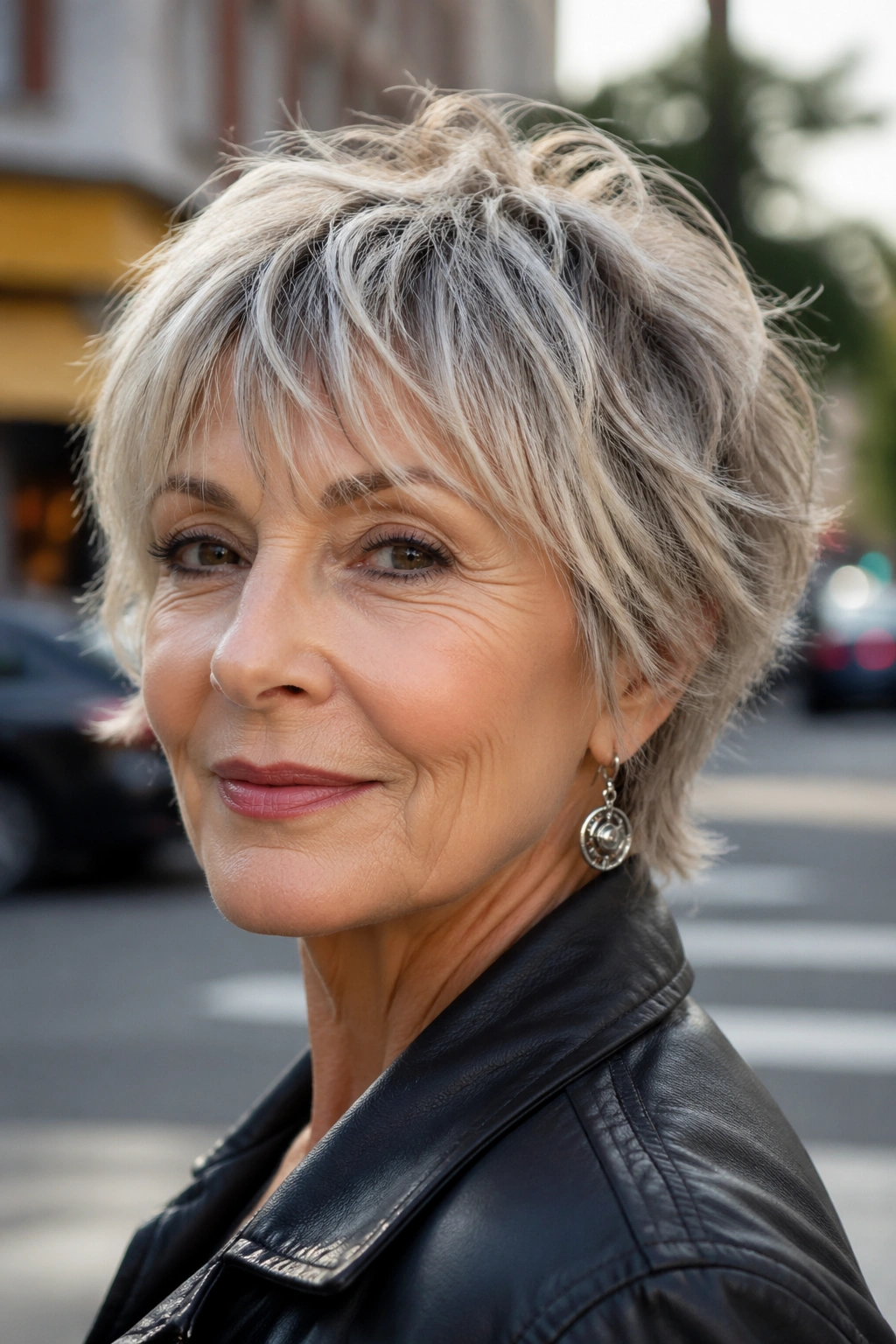 Portrait of a 60+ woman with a bixie and shaggy ends.