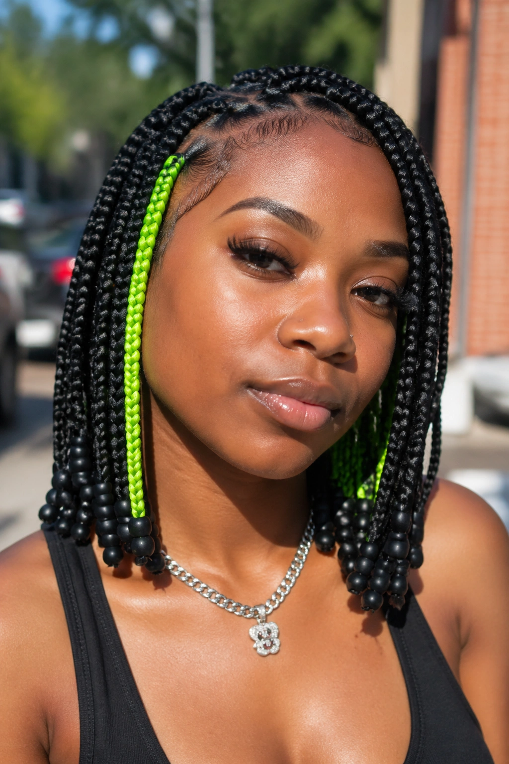 Close-up portrait of a real woman with black braids, neon green peekaboo and matte beads.