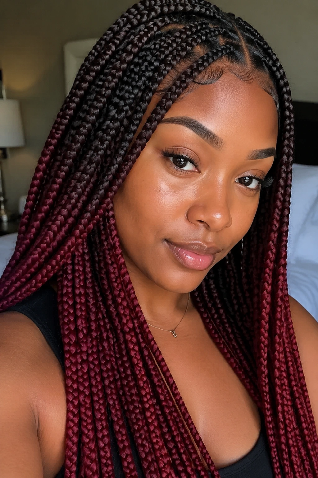 Close-up of a real woman with black-to-burgundy knotless box braids and a soft root fade
