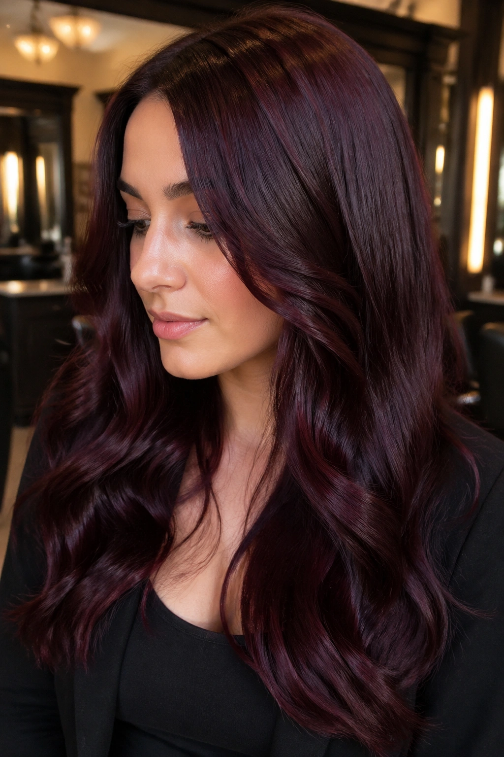 Close-up of a real person with glossy black cherry hair under salon lighting