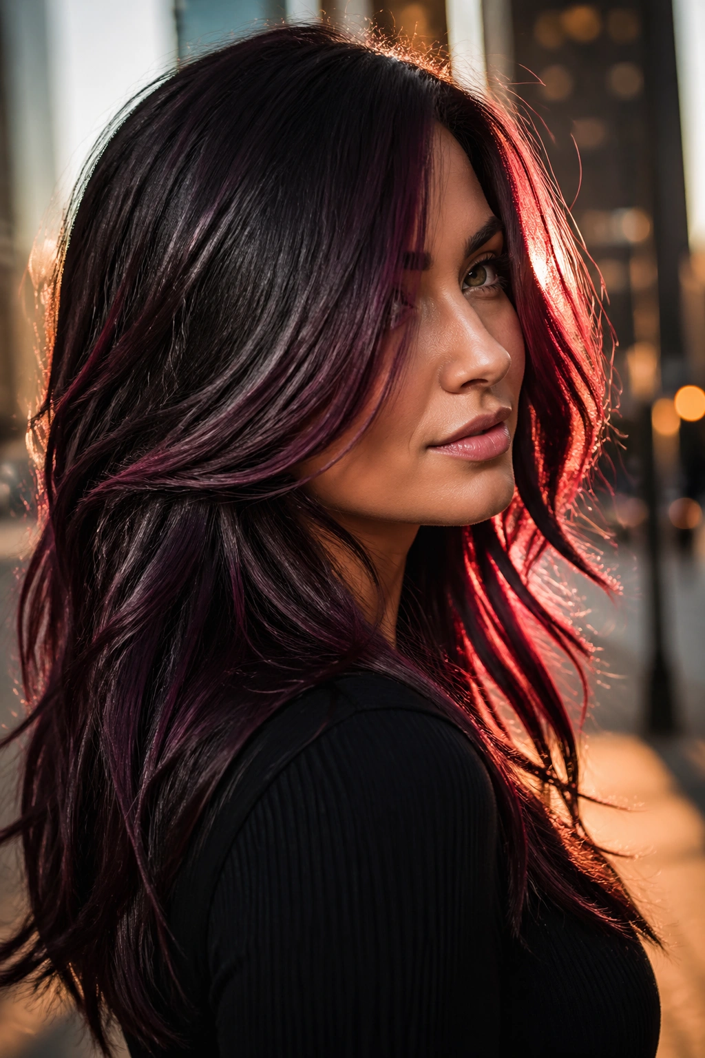 Close-up portrait of a woman with black cherry plum-red hair color