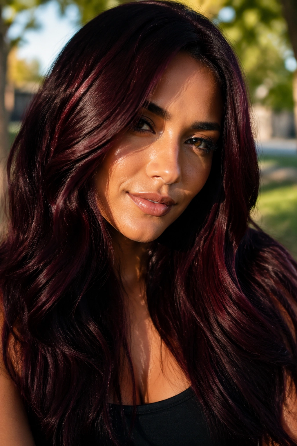 Close-up portrait of a real person with black cherry mahogany hair