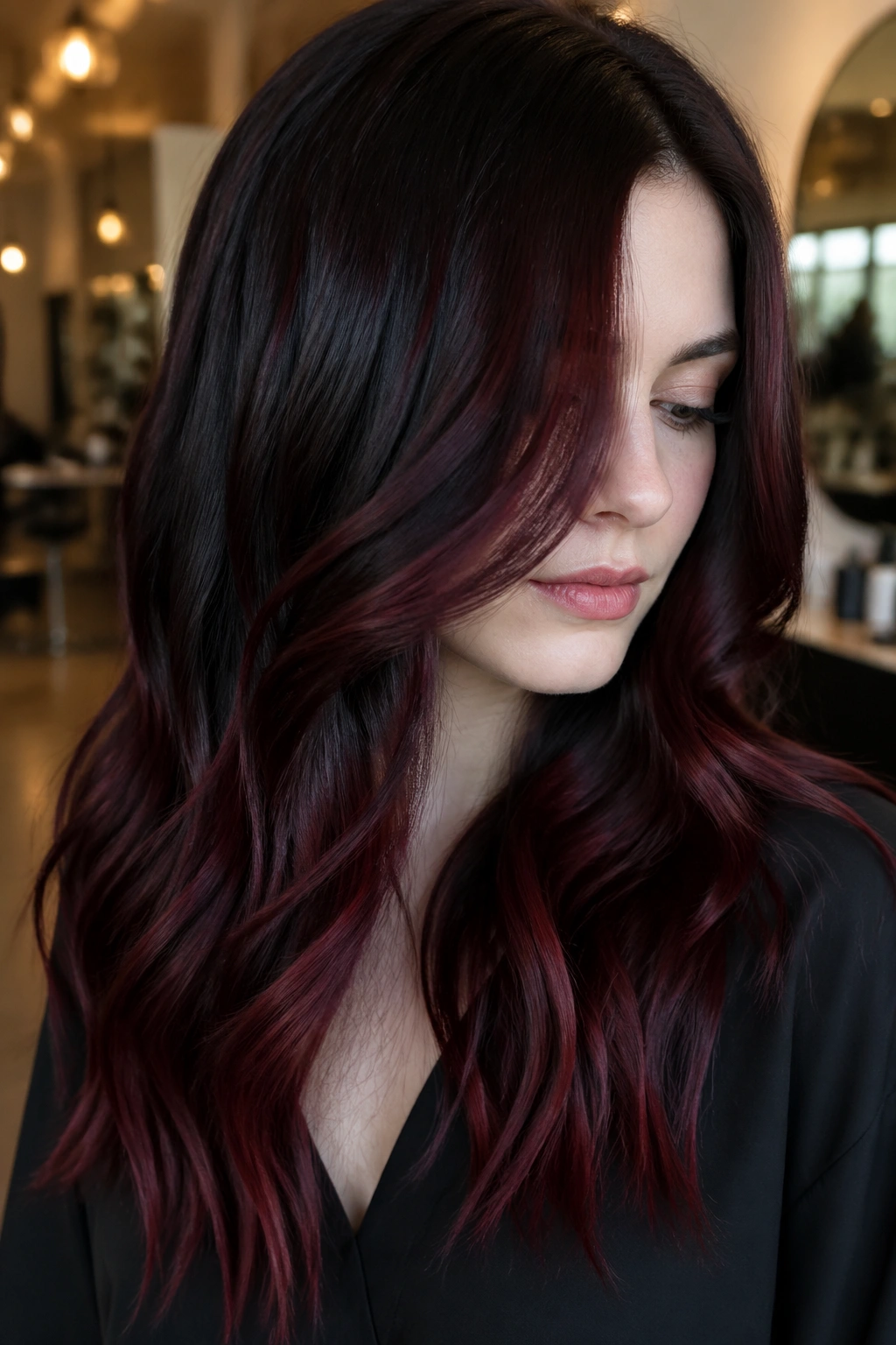 Close-up of Black Cherry Melt hair with red-violet highlights on pale skin