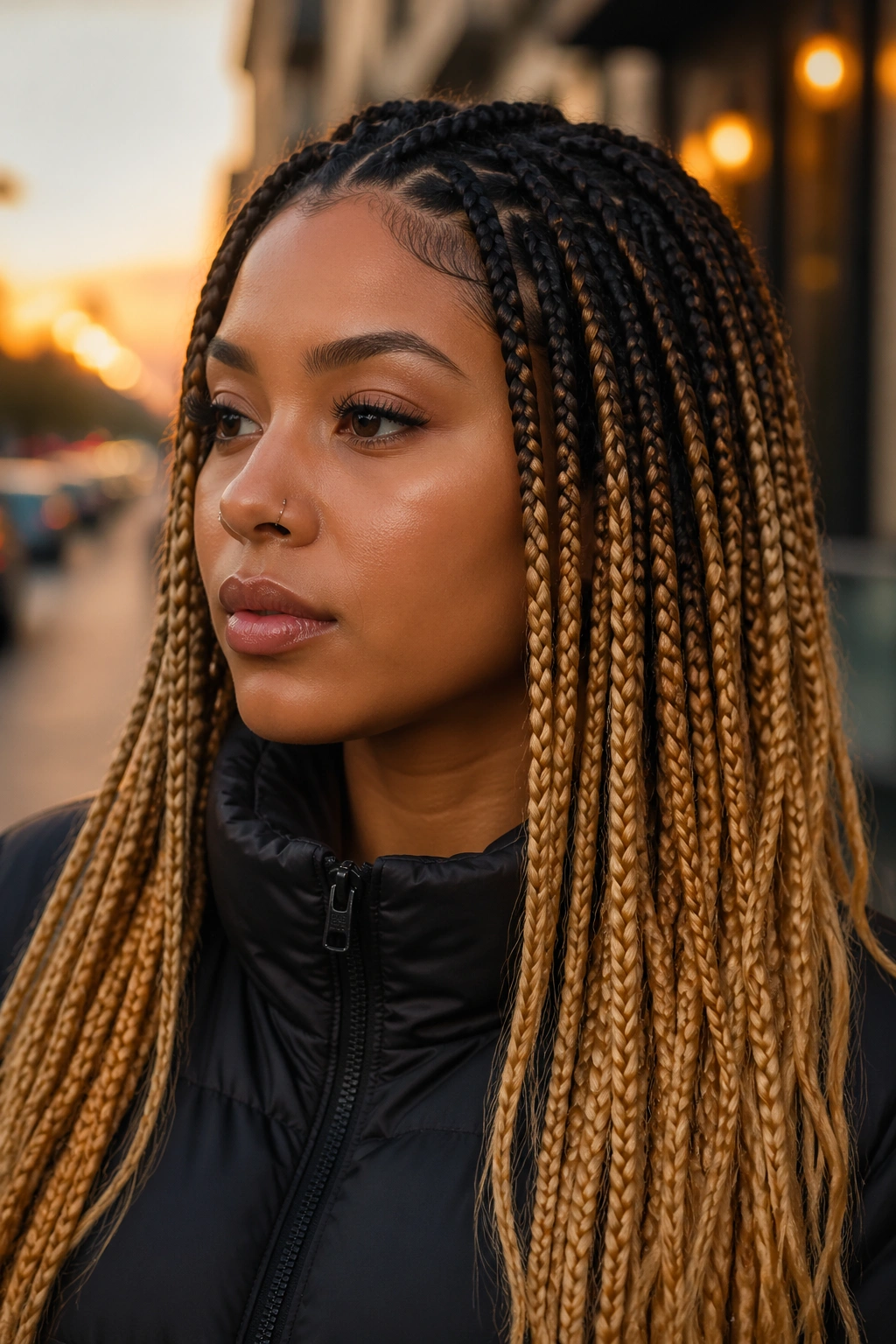 Real woman with black roots fading into honey-blonde ends in braids